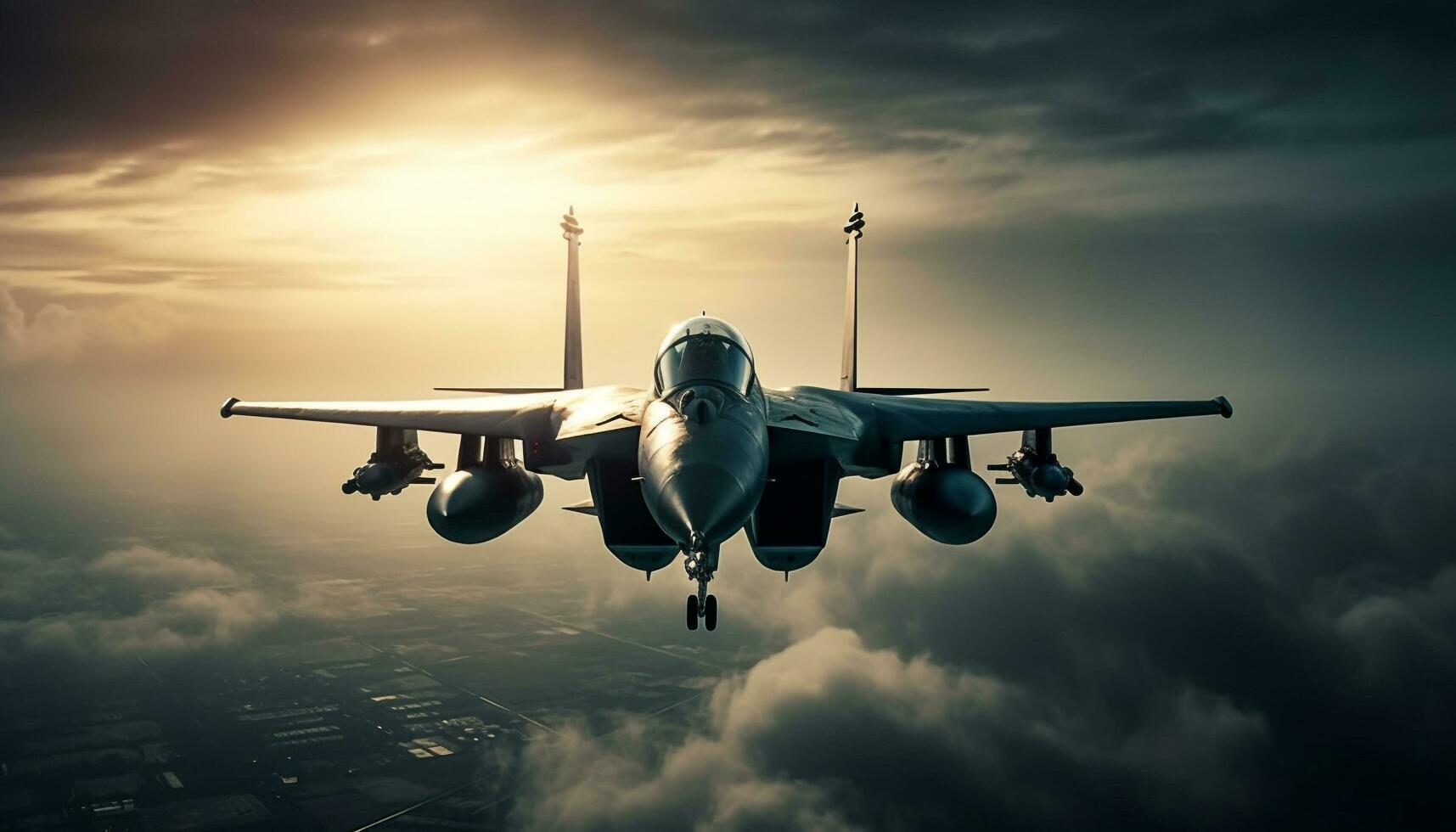 flygande militär kämpe plan tar av på solnedgång, väpnad krafter teknologi genererad förbi ai foto