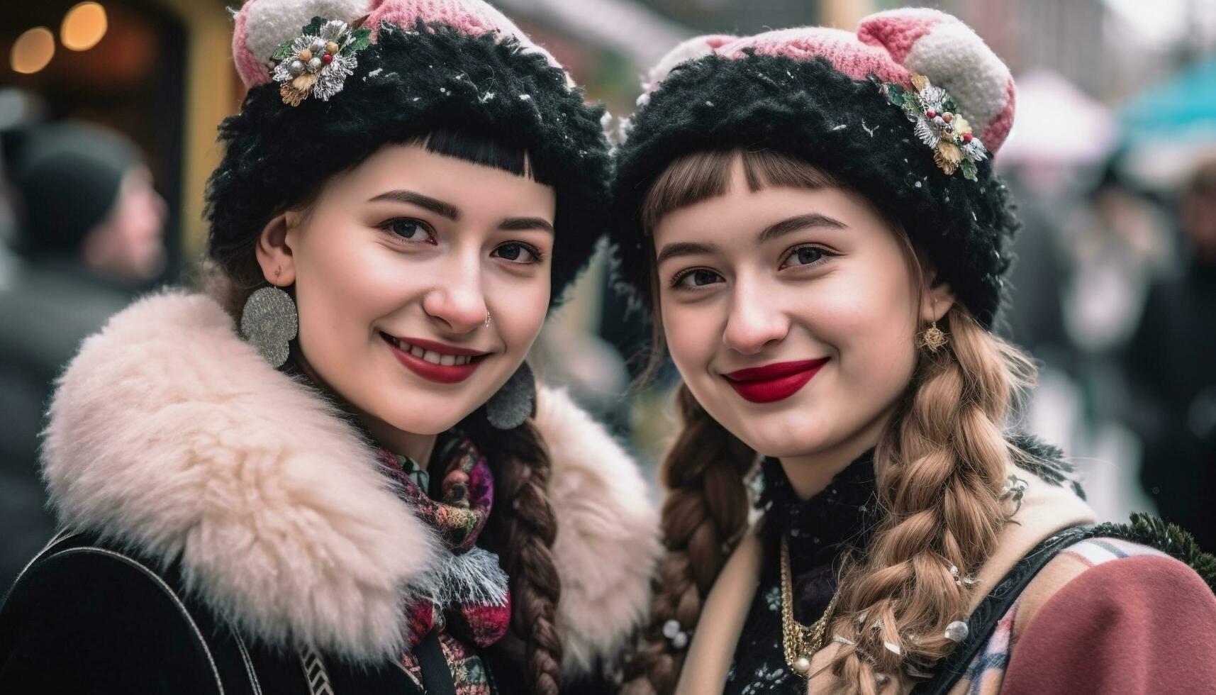 leende ung kvinnor i traditionell Kläder fira vinter- utomhus genererad förbi ai foto
