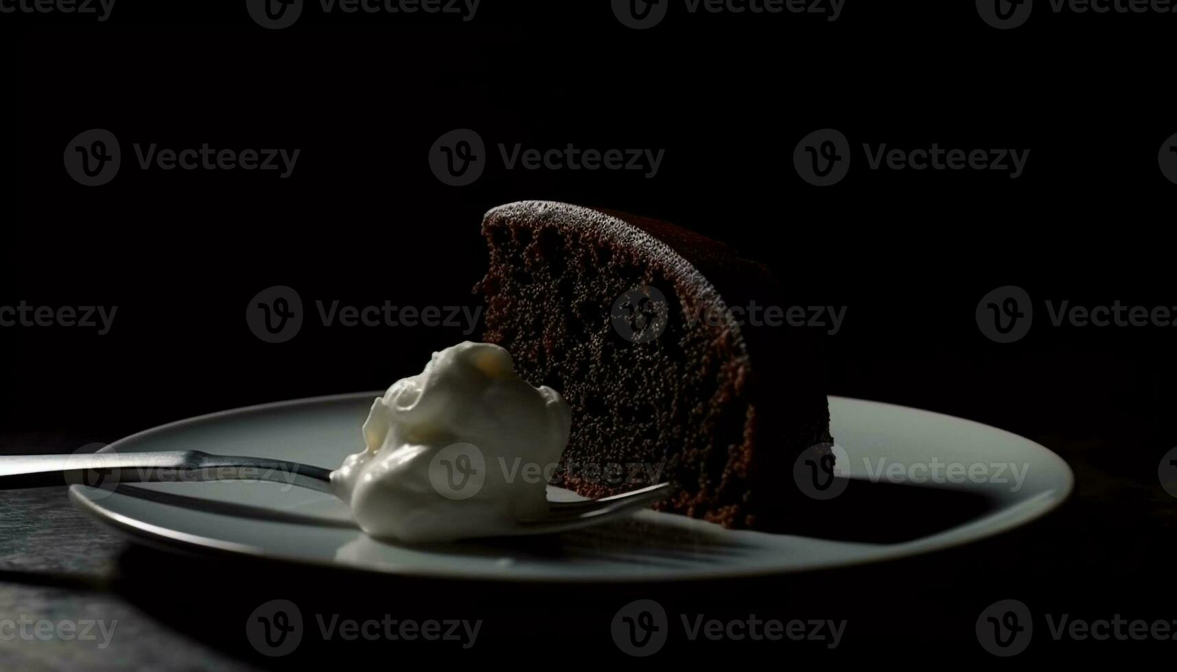 en skiva av hemlagad choklad kaka på en svart tallrik genererad förbi ai foto