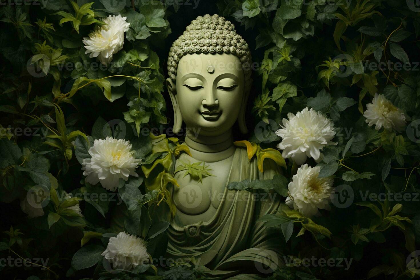 buddha staty med lotus blomma och grön löv bakgrund ai genererad foto