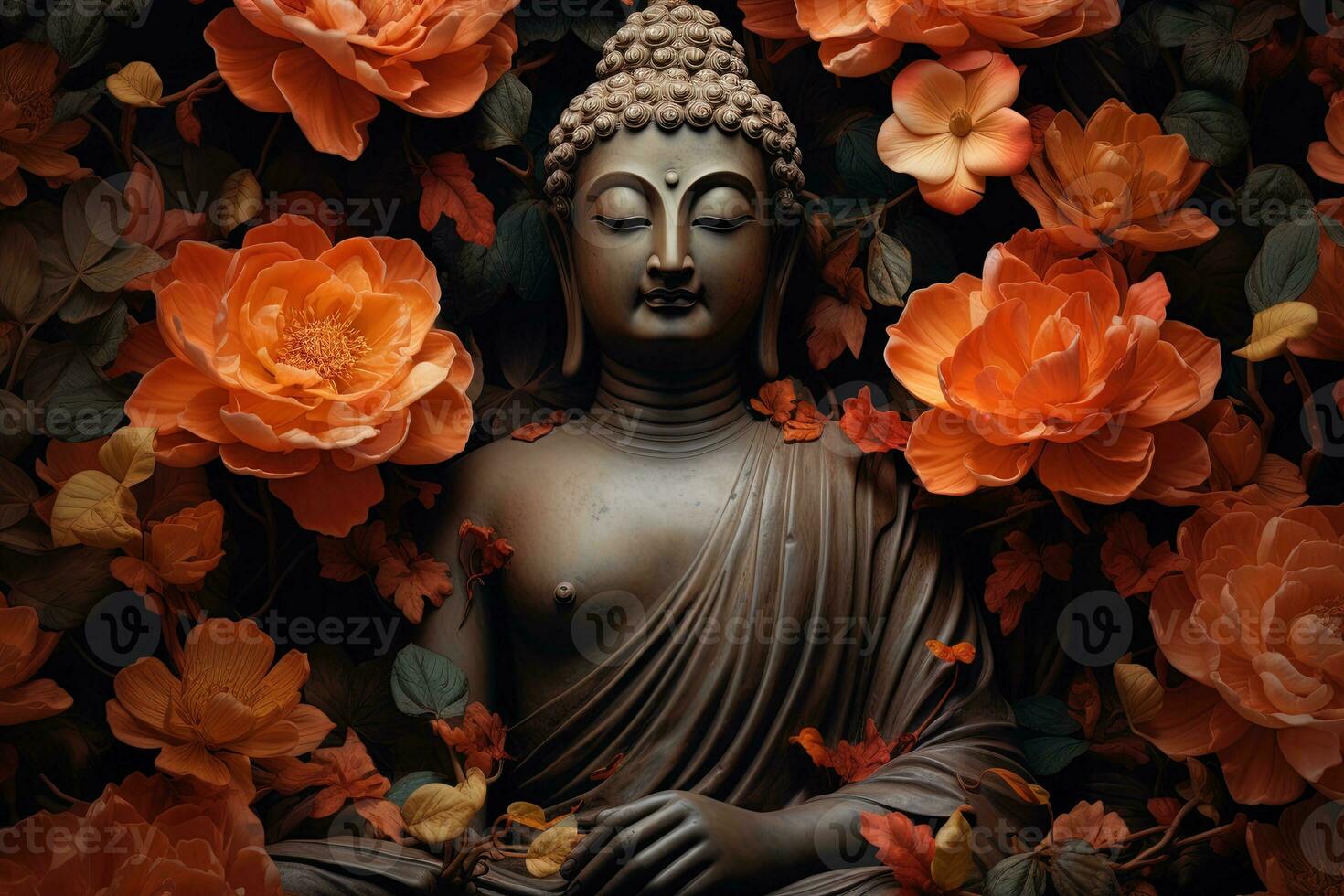 buddha staty omgiven förbi orange blommor på en svart bakgrund ai genererad foto