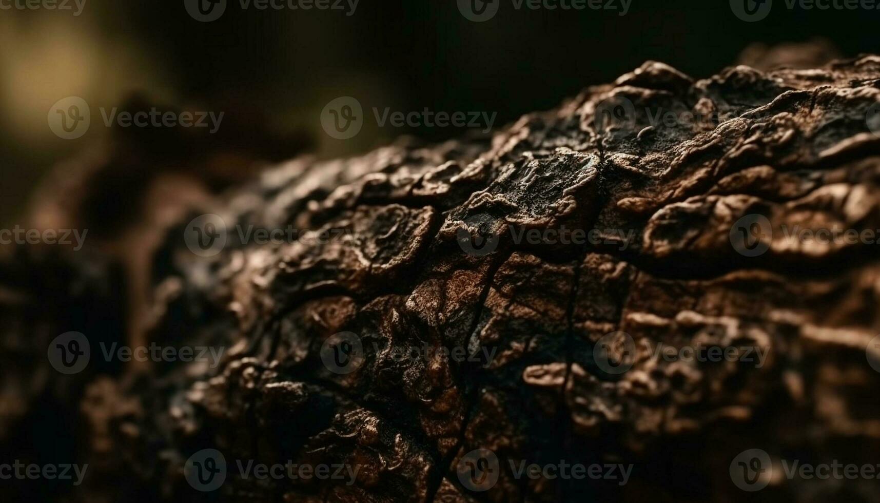 stänga upp av en grov, gammal träd trunk i en skog genererad förbi ai foto