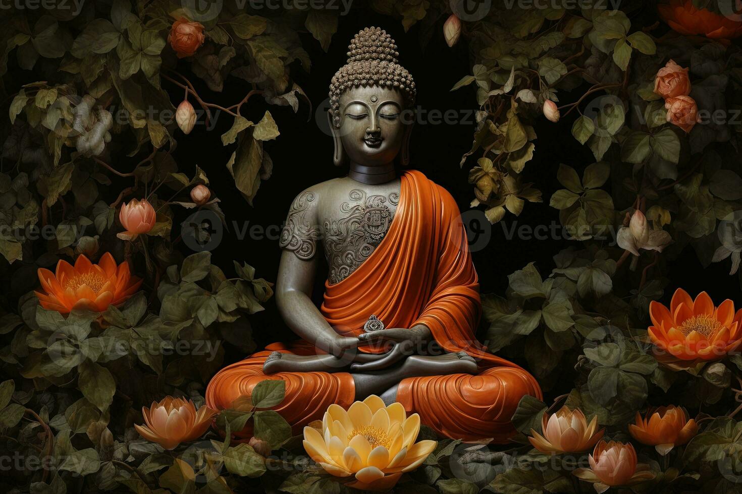 buddha staty omgiven förbi orange blommor på en svart bakgrund ai genererad foto