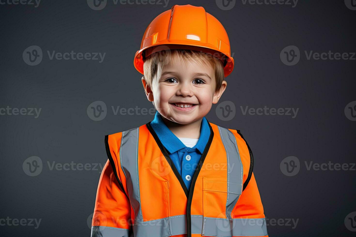 porträtt av en söt liten pojke i en konstruktion hjälm ai genererad foto