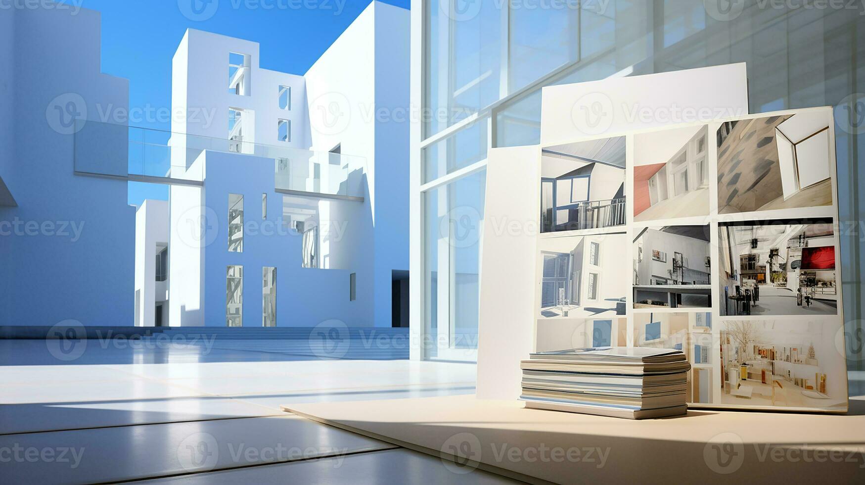 interiör av modern bibliotek med vit väggar, trä- golv, rader av bokhyllor och bokhyllor. 3d tolkning. generativ ai foto