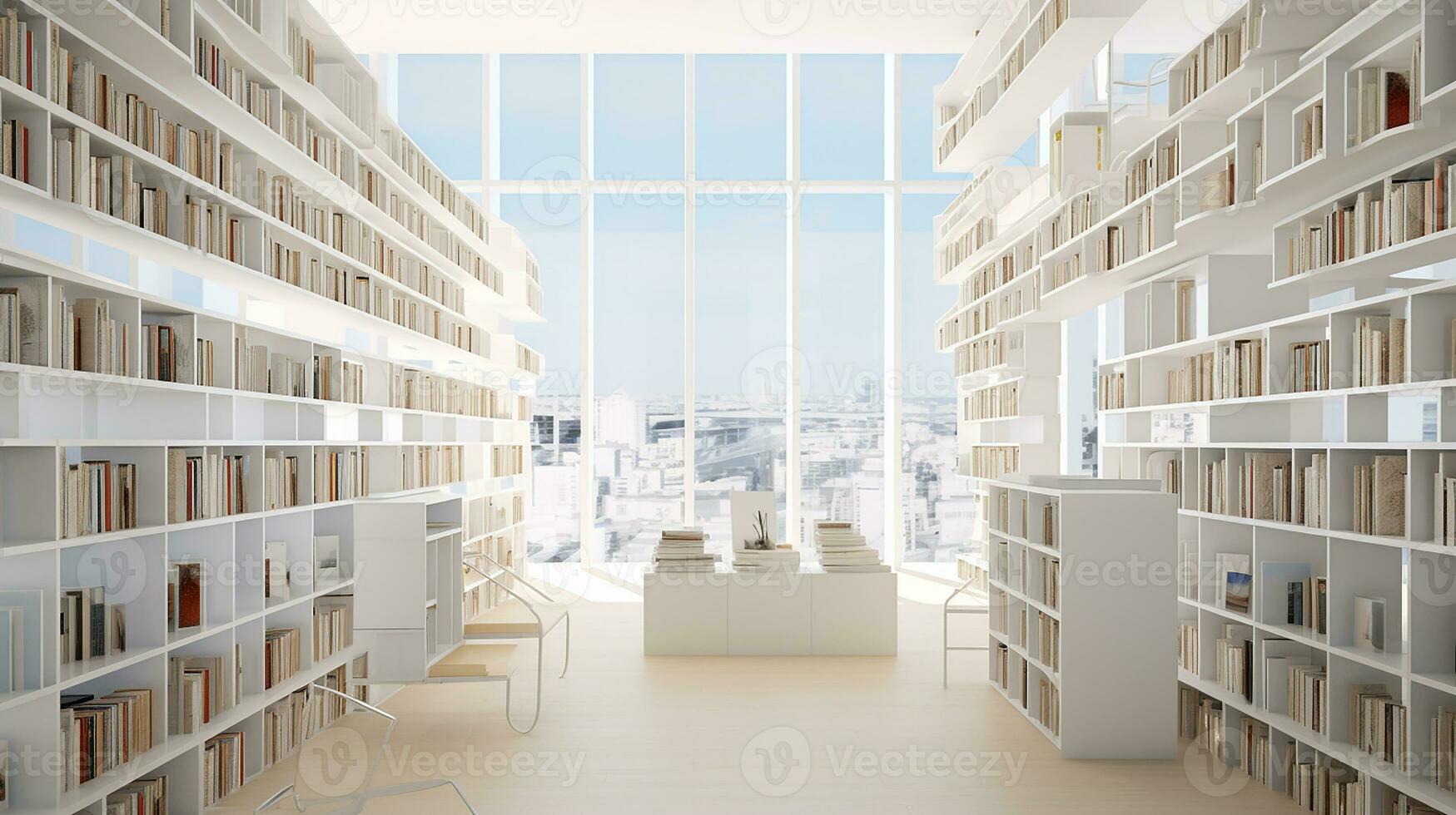 interiör av modern bibliotek med vit väggar, trä- golv, rader av bokhyllor och bokhyllor. 3d tolkning. generativ ai foto