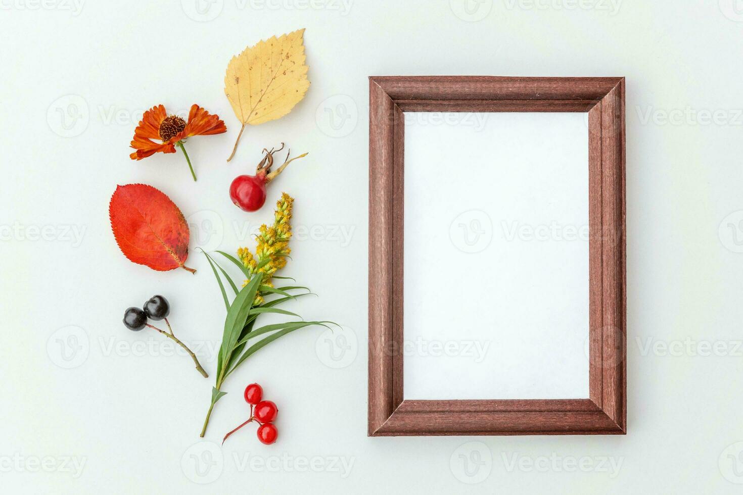 höstens blommig sammansättning. vertikal ram mockup aronia rönnbär färgglada blad dogrose blommor på vit bakgrund. höst naturliga växter ekologi koncept. platt låg ovanifrån, kopiera utrymme foto