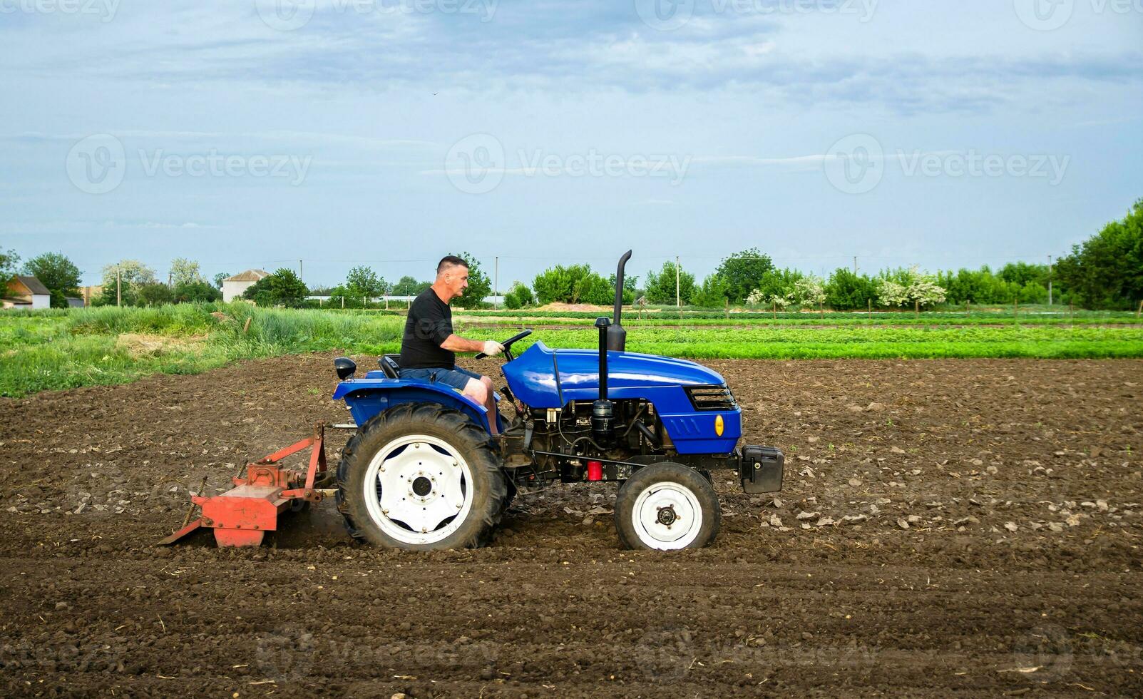 en jordbrukare på en traktor odlar en fält. bruka arbete. fräsning jord, uppmjukning de jord innan plantering ny gröda. plöjning. lossna yta, landa odling. jordbruk, lantbruk. foto
