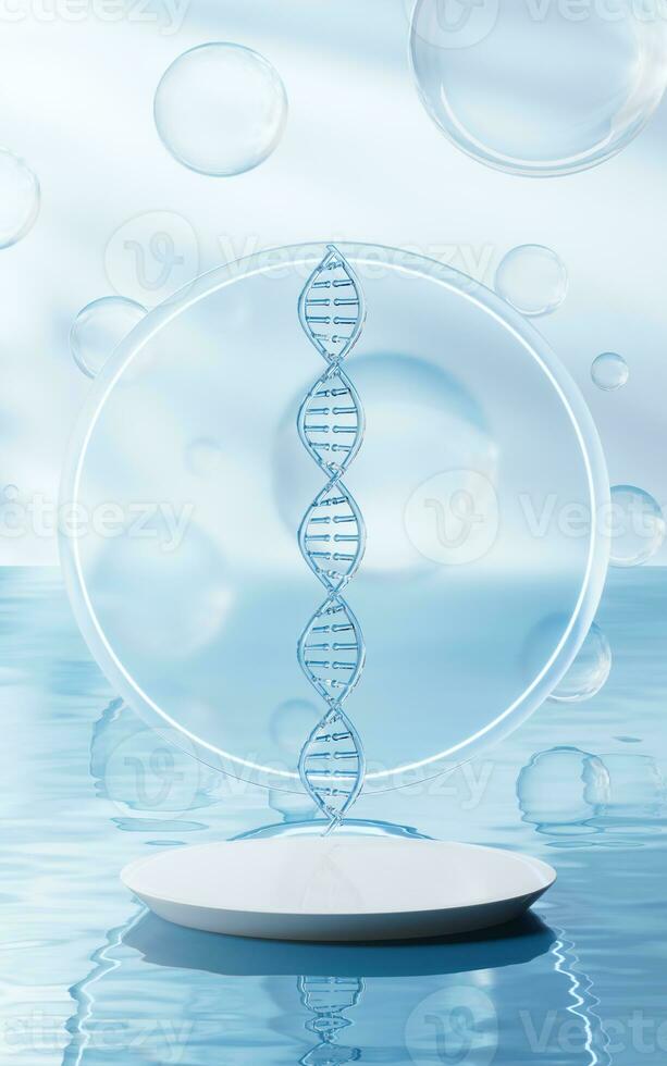 dna med vatten yta bakgrund, 3d tolkning. foto