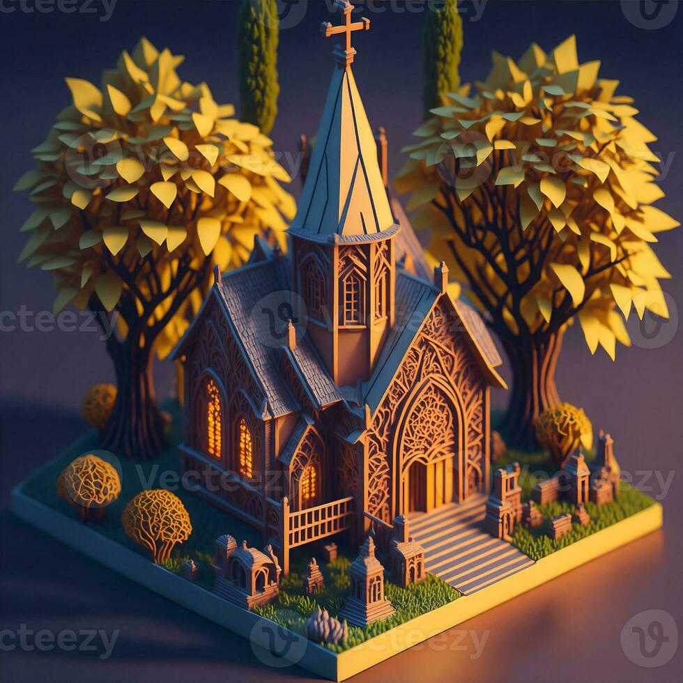 små trä- kyrka på de bakgrund av de skog 3d illustration förbi ai genererad foto