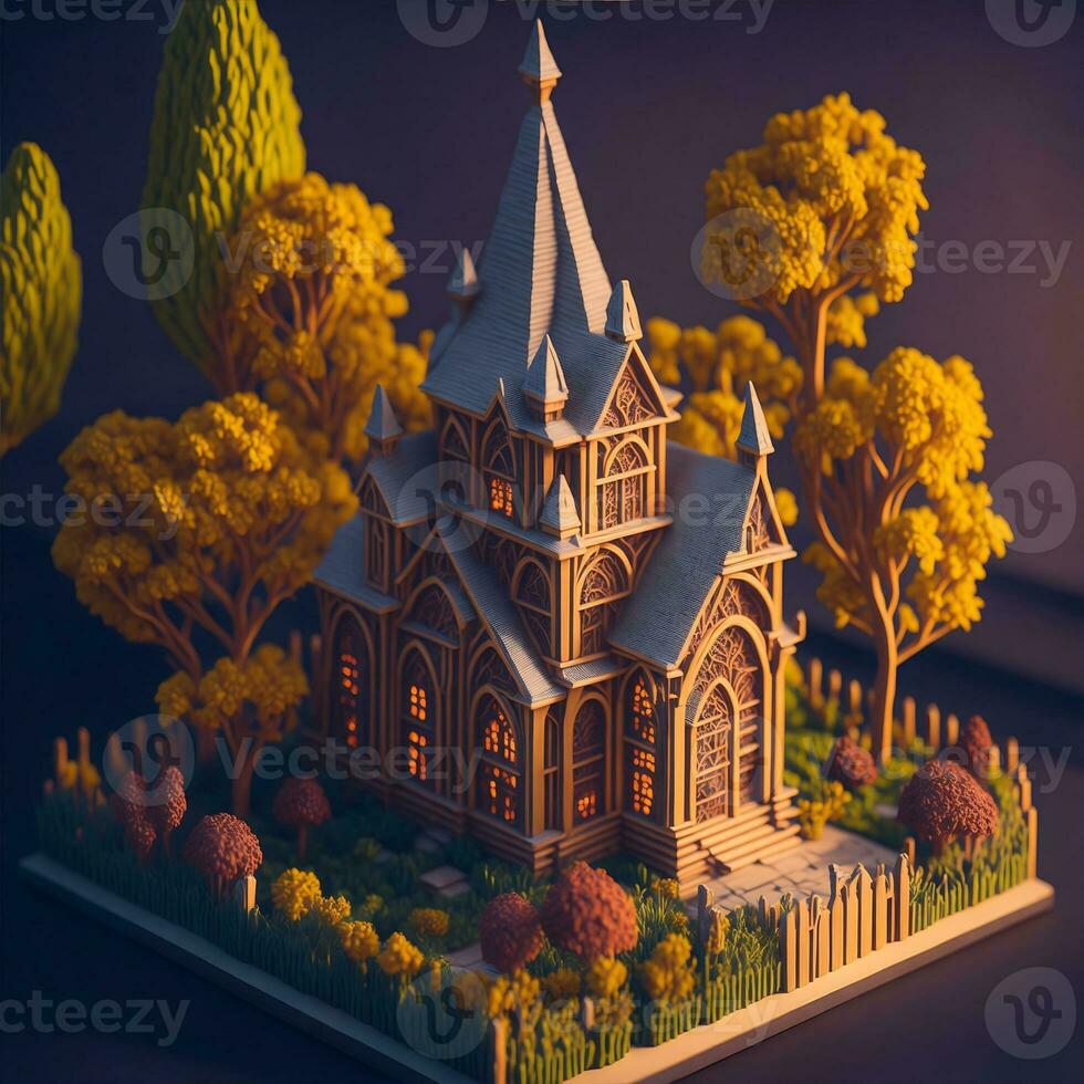 små trä- kyrka på de bakgrund av de skog 3d illustration förbi ai genererad foto