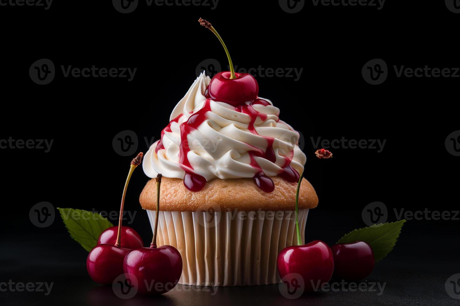 muffin med körsbär, mörk bakgrund.ai generativ foto