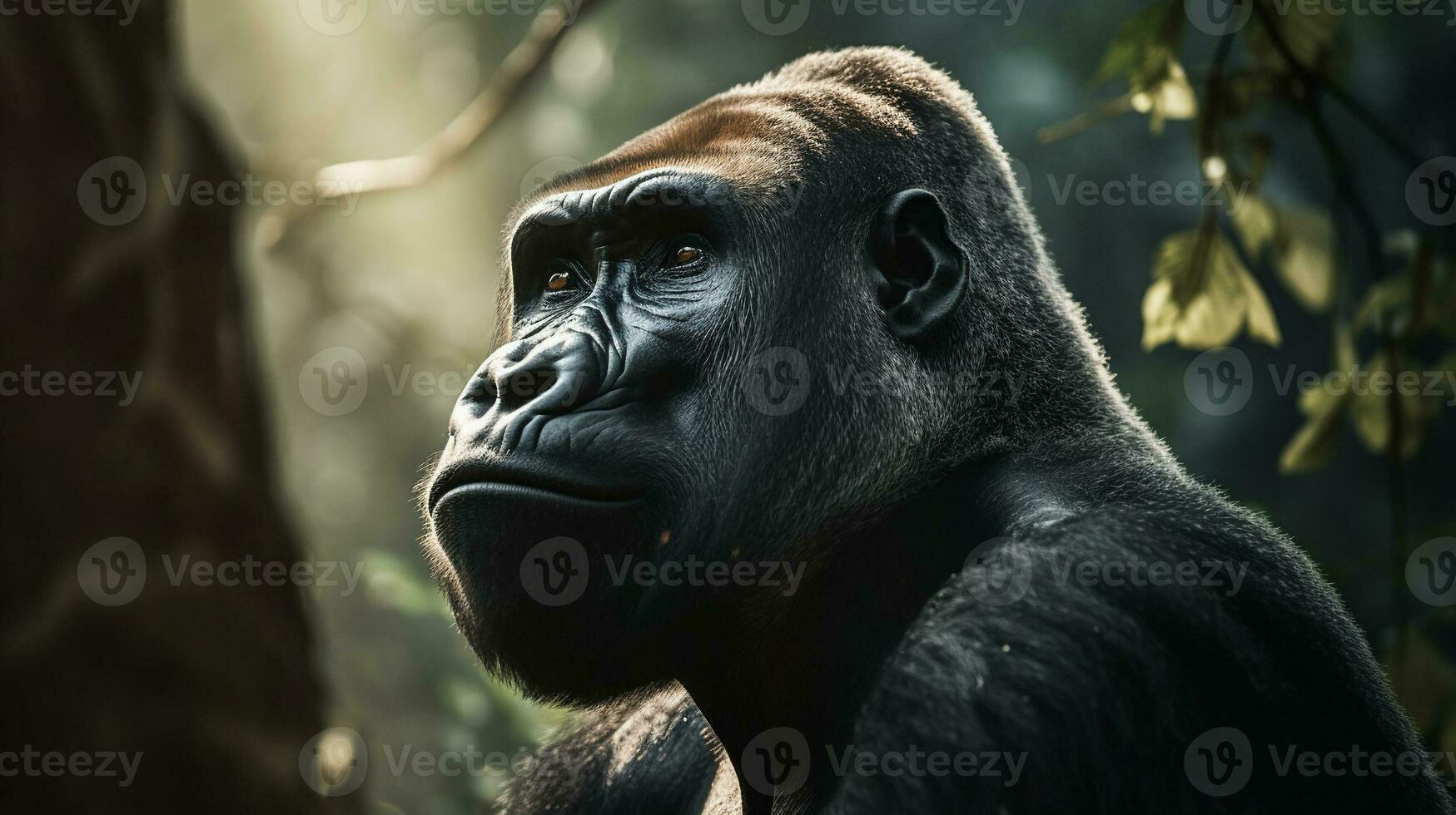 enorm manlig gorilla på de bakgrund av de afrikansk savann, varm dag, djur av afrika. ai generativ foto