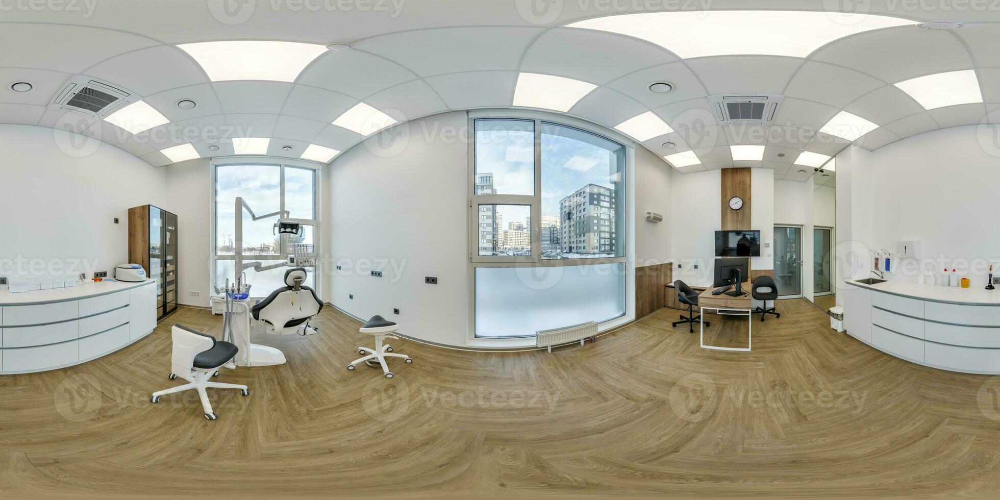 full hdri 360 panorama i kirurg ortoped terapeut skåp dental klinik med modern Utrustning i kontor i likriktad utsprång, vr innehåll foto