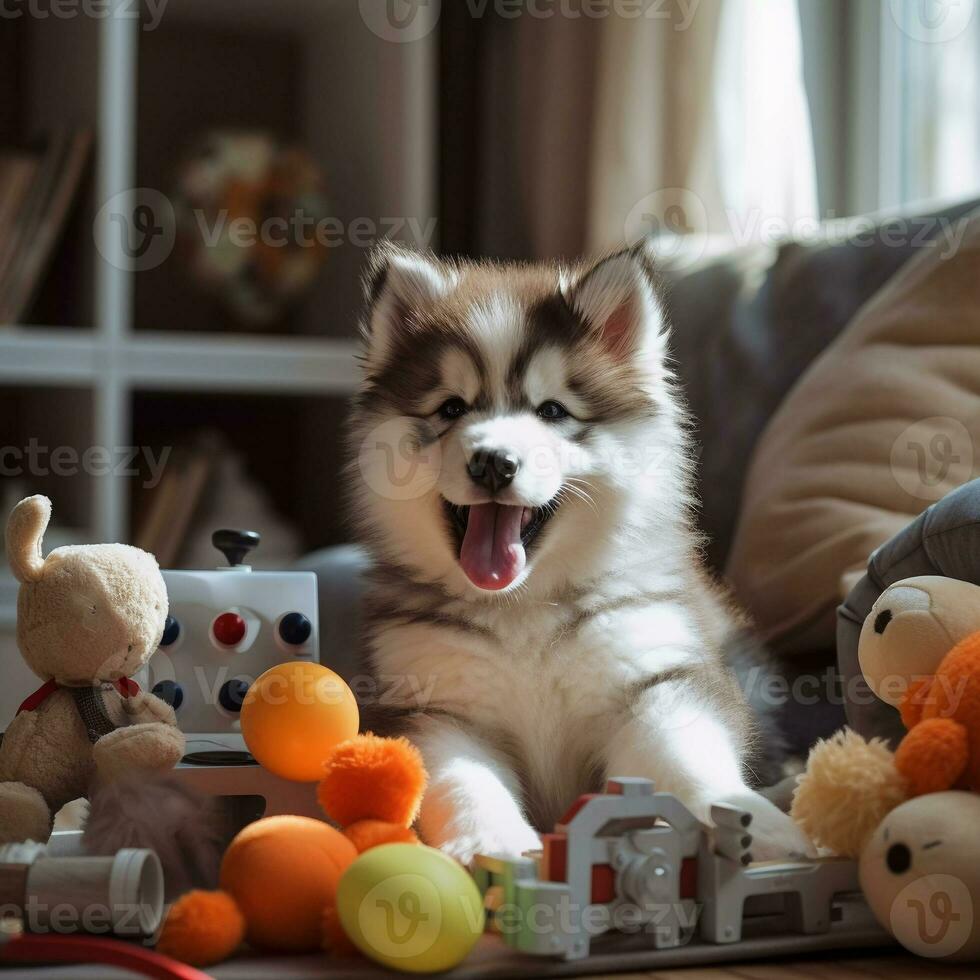 söt valp spelar med hans leksaker i levande rum. valp med rolig se. foto