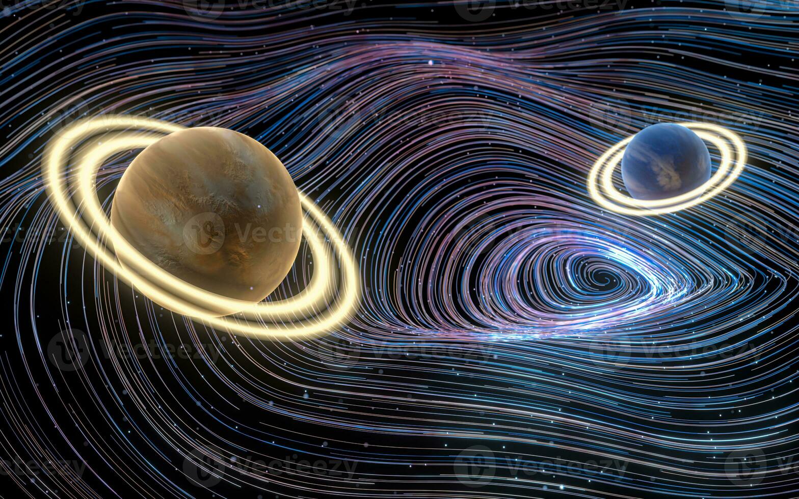planeter med lila kurva virvel rader, 3d tolkning. foto