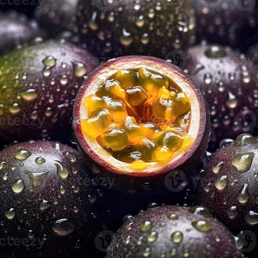 realistisk Foto av en knippa av passionen frukter. topp se frukt landskap. ai genererad