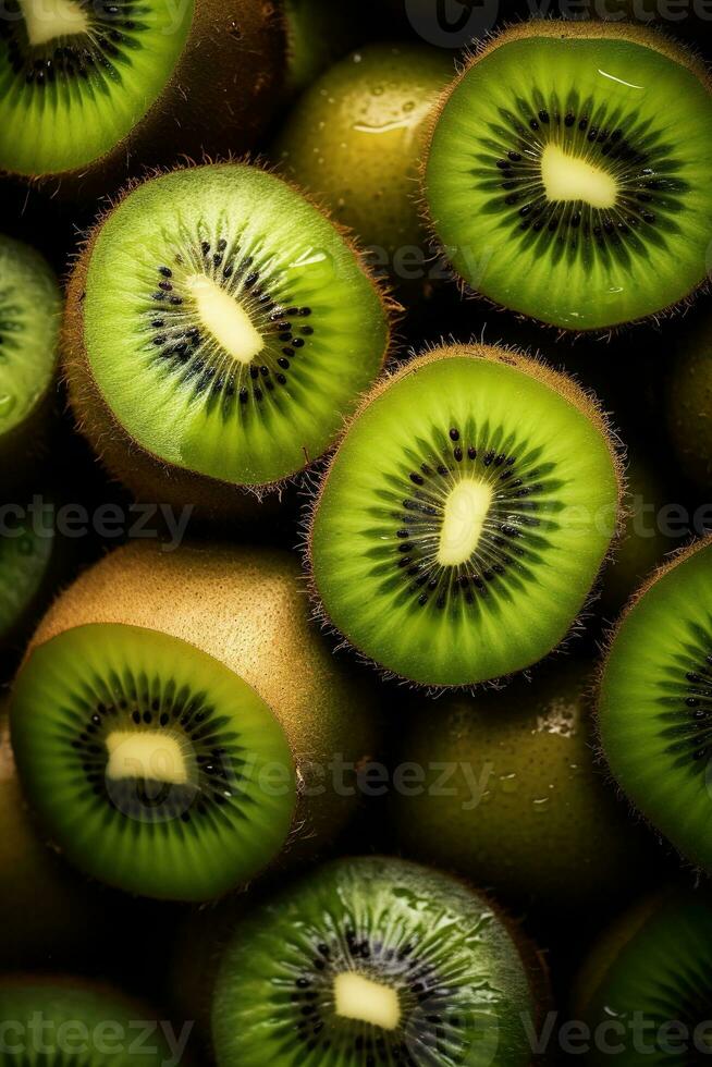 realistisk Foto av en knippa av kiwi frukter. topp se frukt landskap. ai genererad