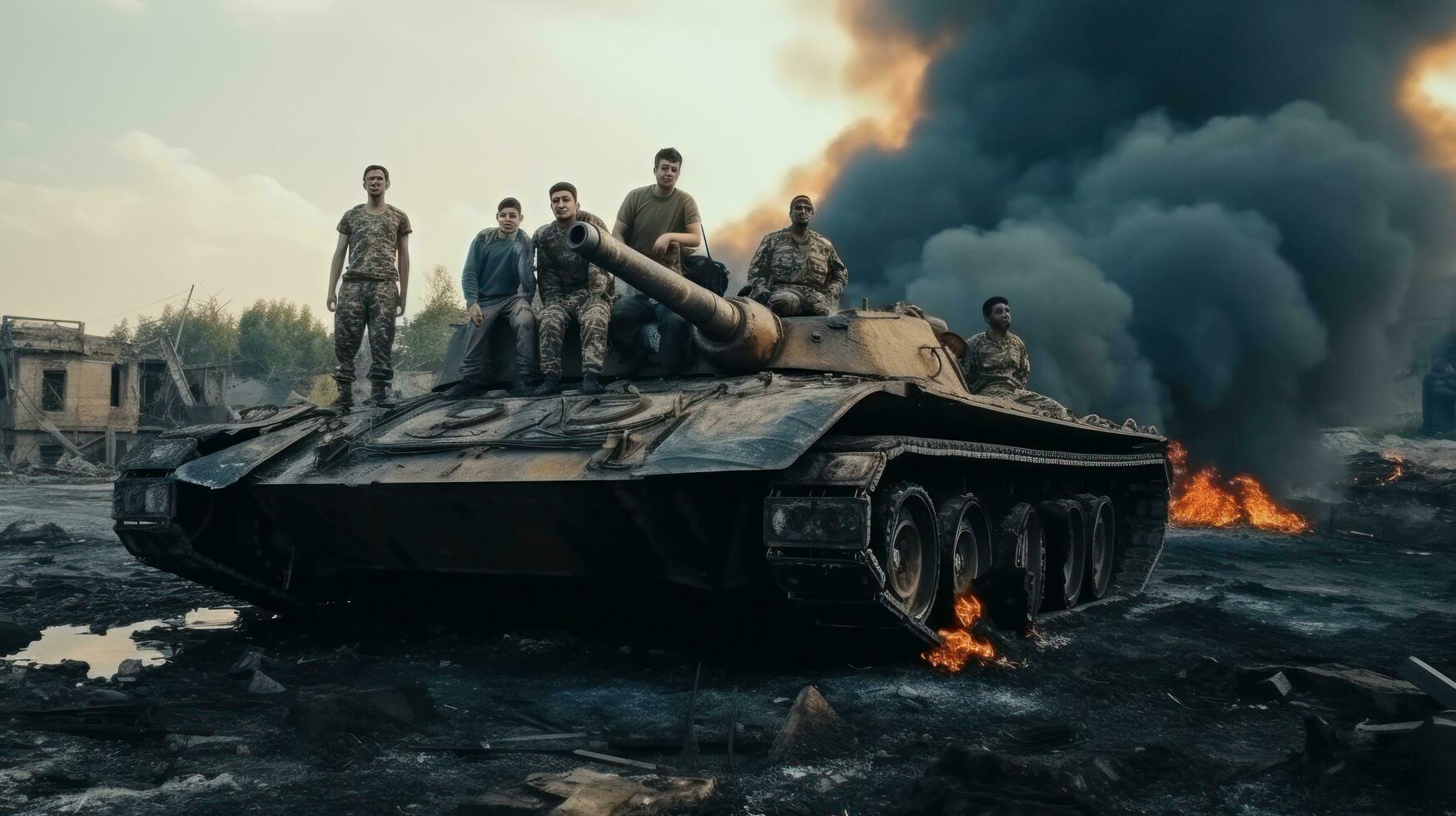 militär vit män på en bränd tank foto