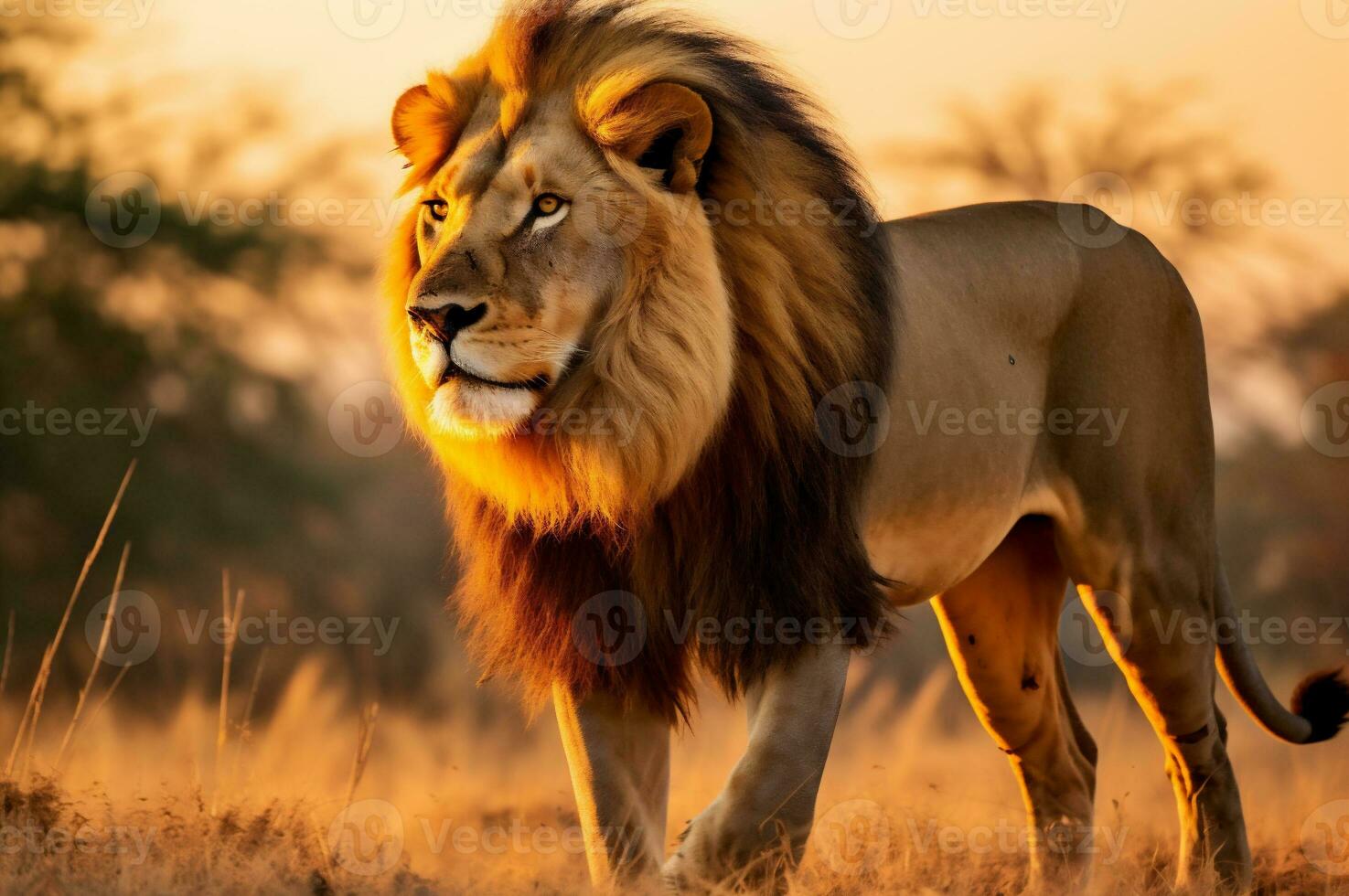 vuxen manlig lejon stående i de afrikansk savann under de gyllene timme av de dag. ai genererad foto