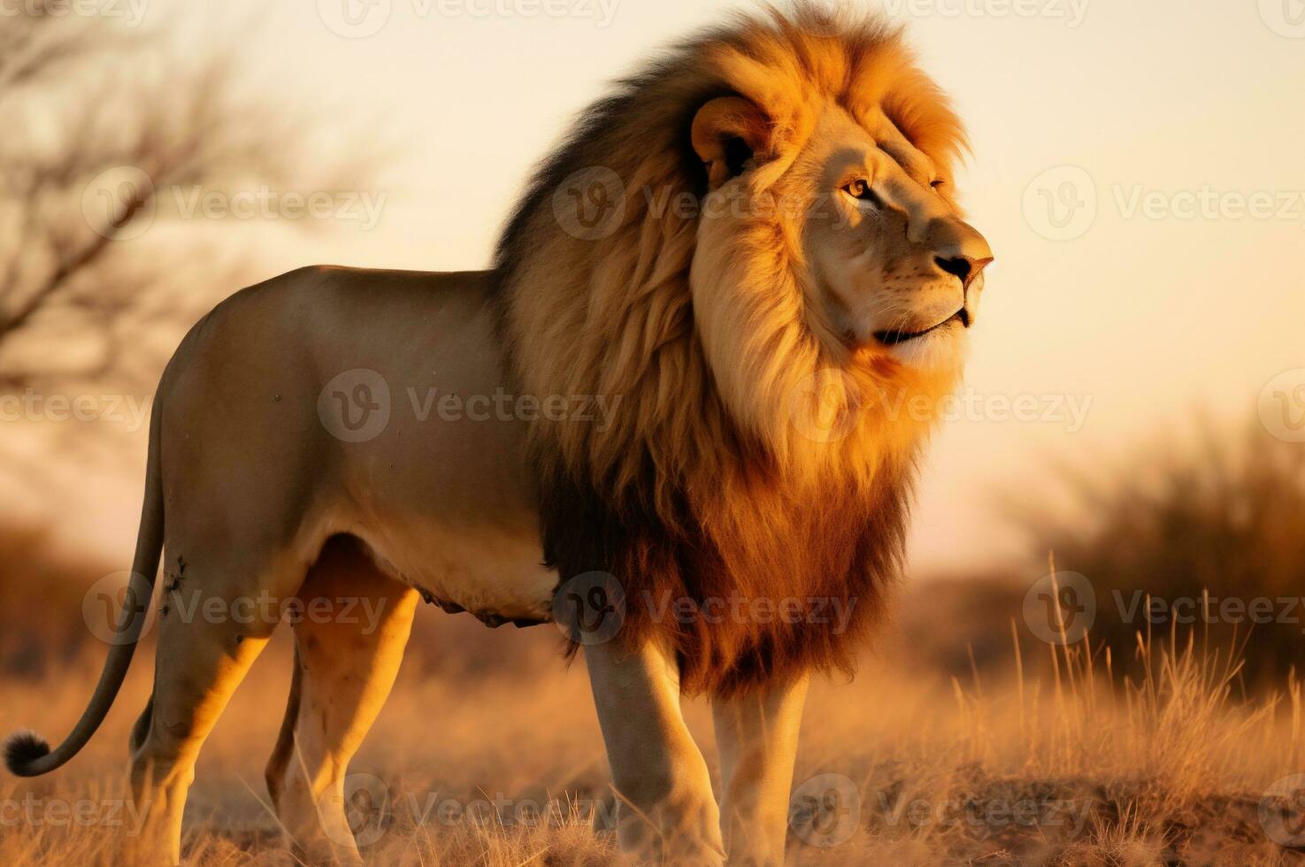 vuxen manlig lejon stående i de afrikansk savann under de gyllene timme av de dag. ai genererad foto