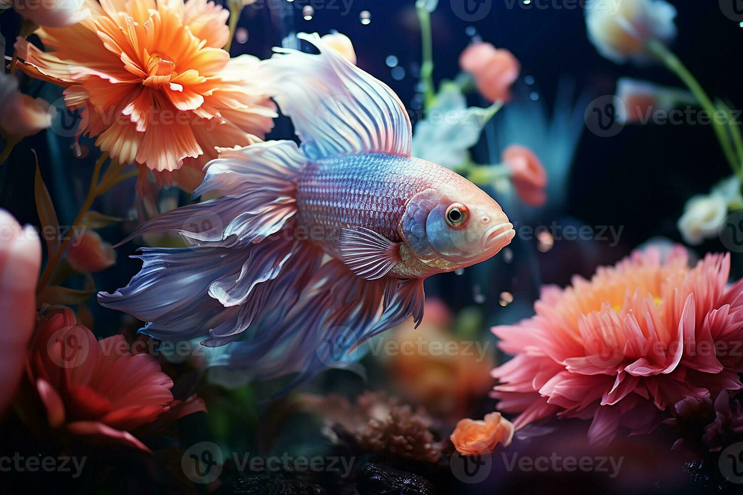 generativ ai bild av dekorativ fisk och skön rosa blommor på akvarium med neon belysning foto
