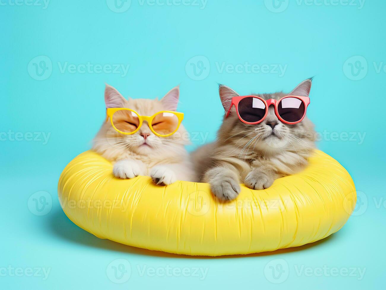 söt och rolig katter i trendig gul solglasögon sömn i en sudd ringa på isolerat en pastell bakgrund med en kopia utrymme.djur sommar Semester koncept.skapats med generativ ai teknologi foto