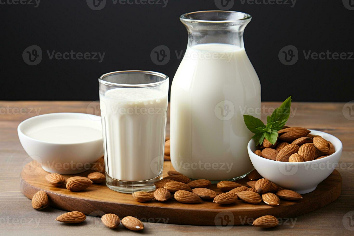 mandel mjölk i glas med mandel.hälsa mat koncept.skapats med generativ ai teknologi. foto