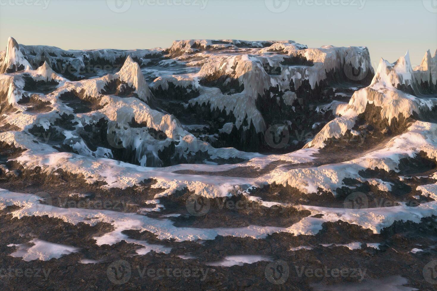 berg landskap blast täckt med snö, 3d tolkning. foto