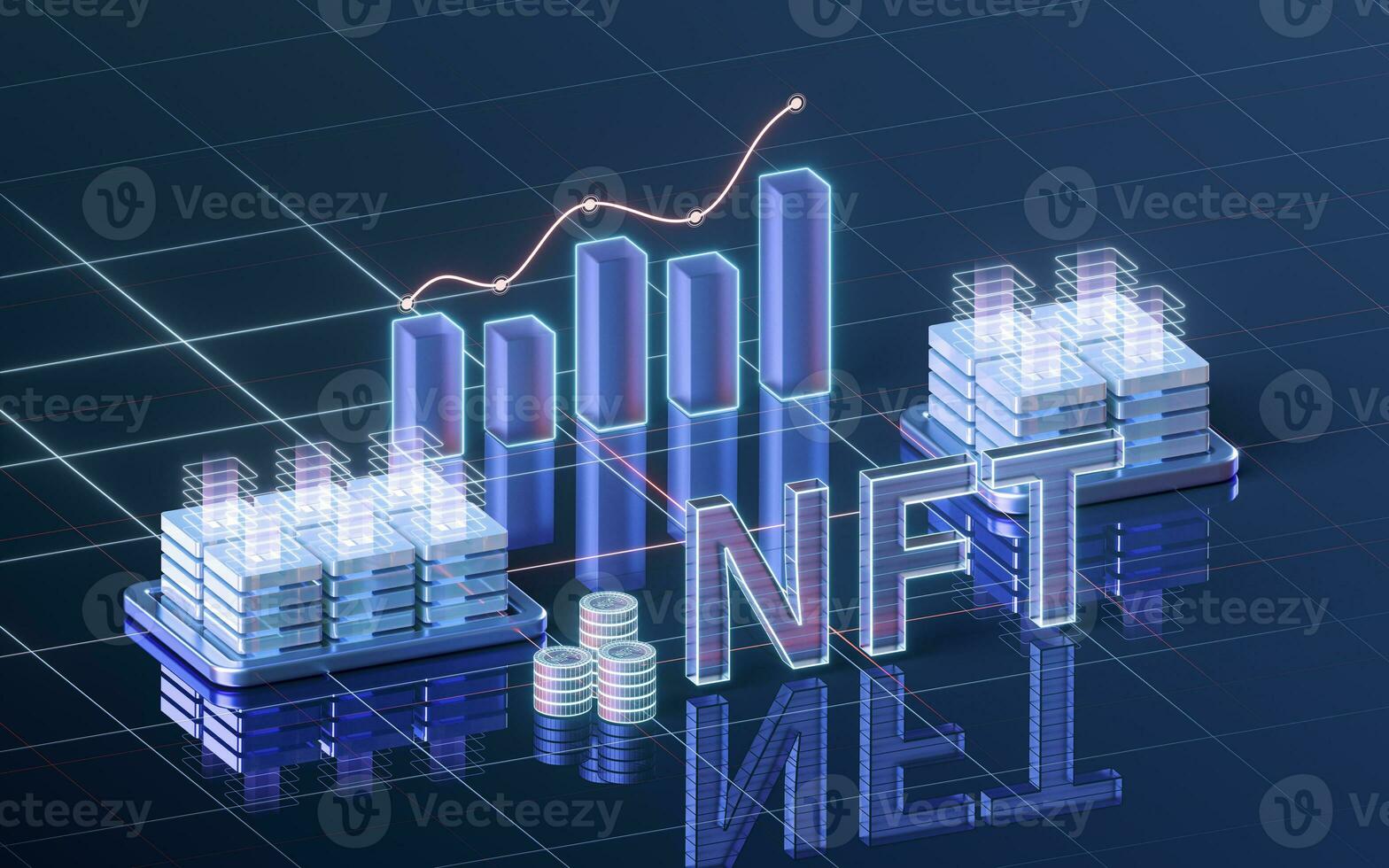 nft nonfungible tokens begrepp med mörk bakgrund, 3d tolkning. foto