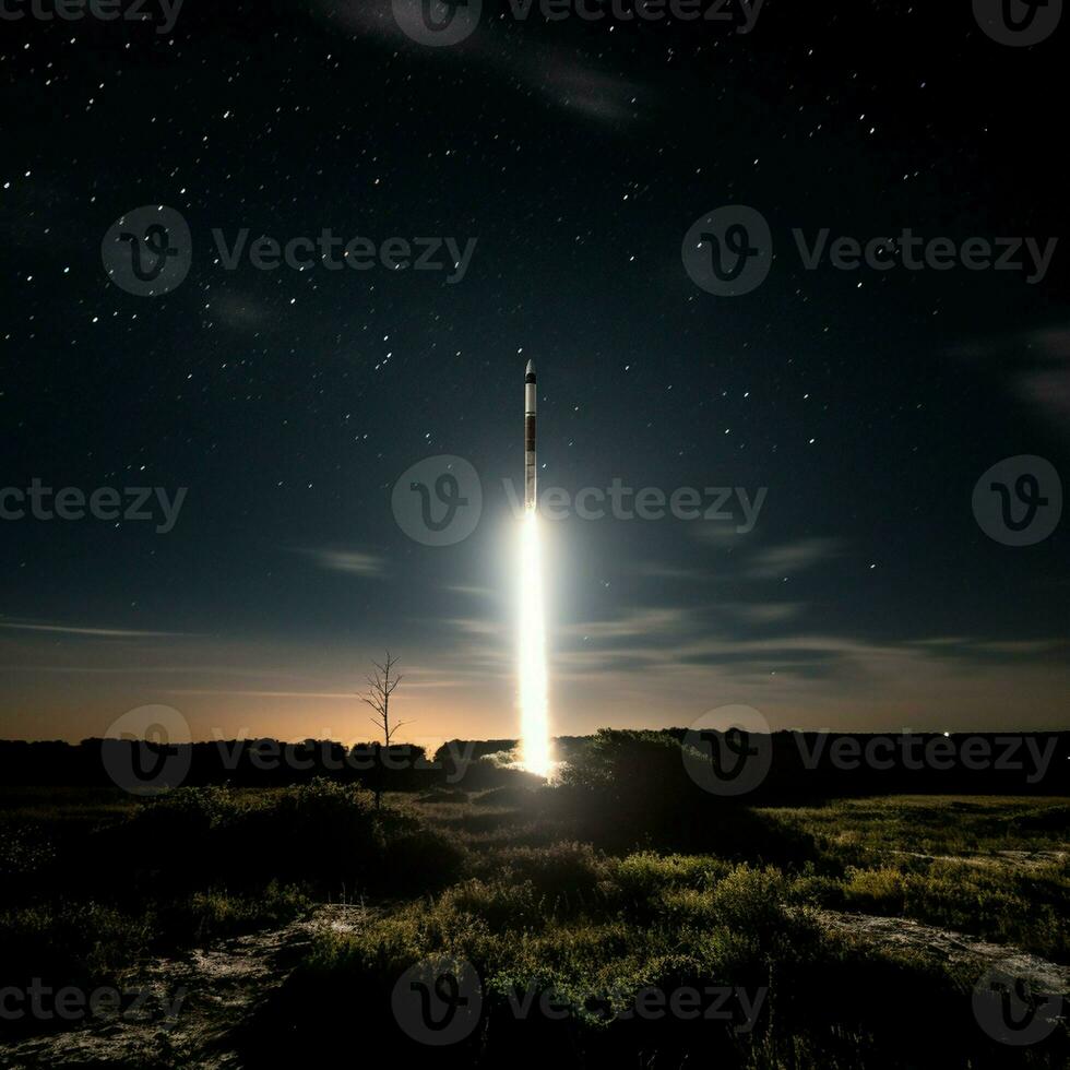 en Plats raket är lanserades in i de natt himmel. foto