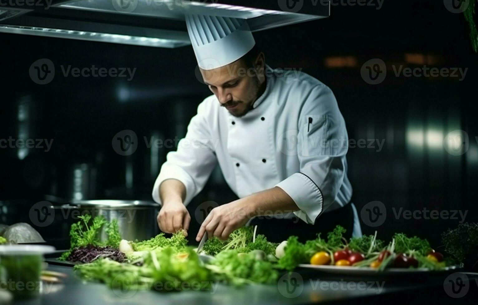 en manlig kock är tillsats några örter som en garnering till en maträtt i en kommersiell kök, under en ljus ljus. foto