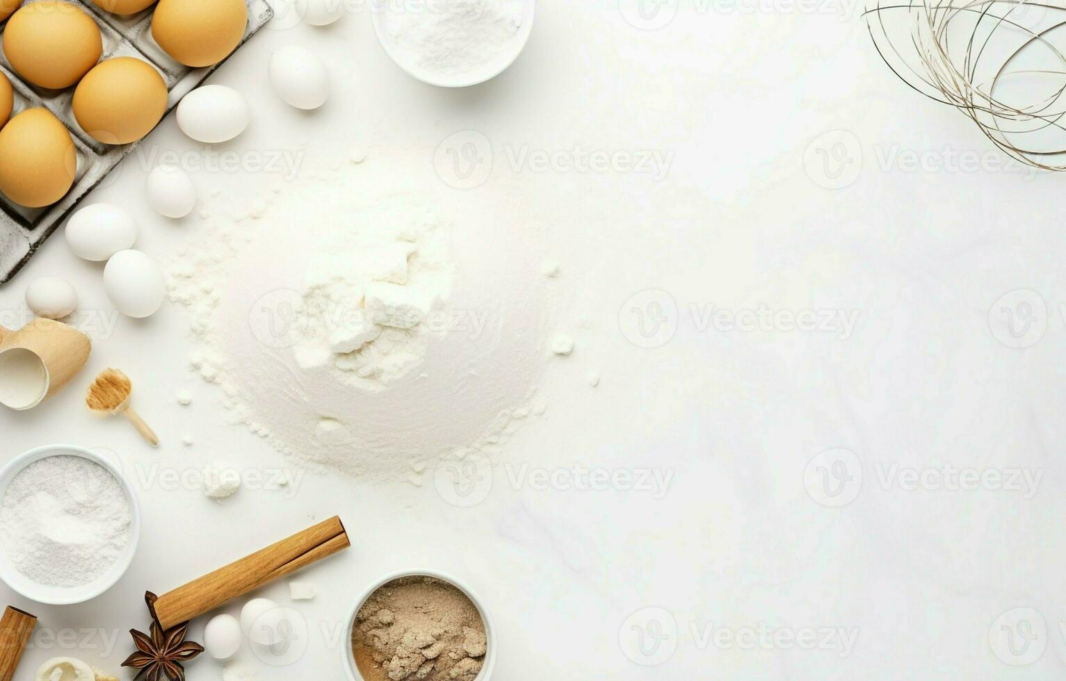 bakning bakgrund. matlagning Ingredienser för deg, ägg, mjöl, socker, Smör, rullande stift på vit stil kök foto