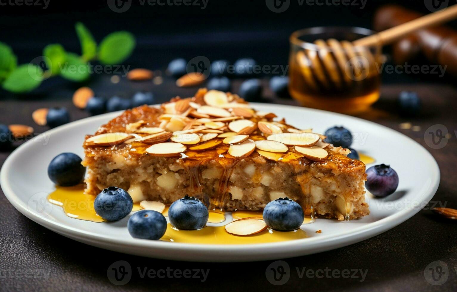 bakad gröt paj med blåbär, jordnöt Smör, och rå honung eras på en vit tallrik. detta hemlagad, friska, vegetarian efterrätt är perfekt för de där tittar på deras diet. foto