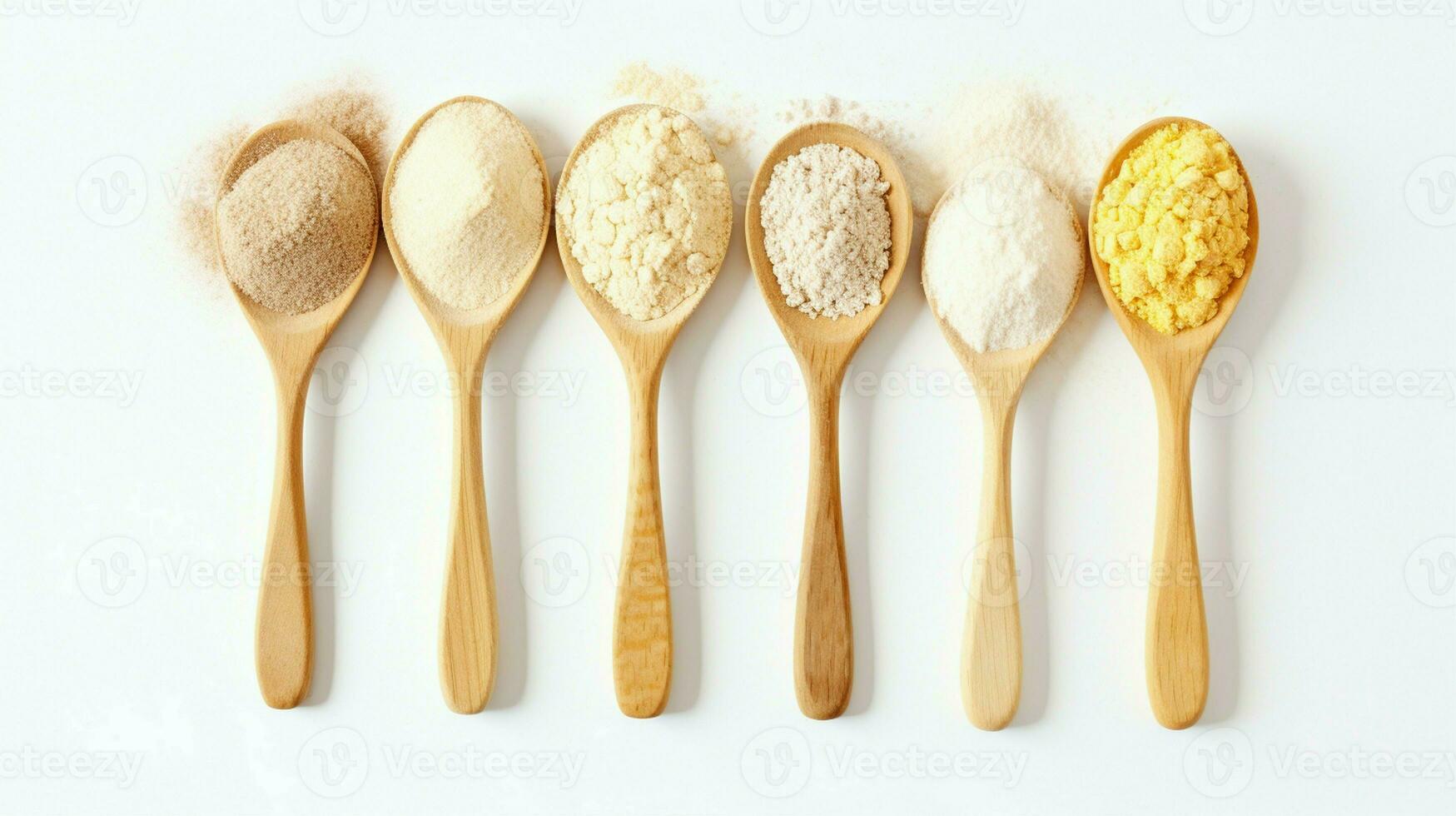 trä- skedar av olika gluten fri mjöl mandel mjöl, amarant frön mjöl, bovete mjöl, ris mjöl, brud ärtor mjöl från topp se vit bakgrund. foto