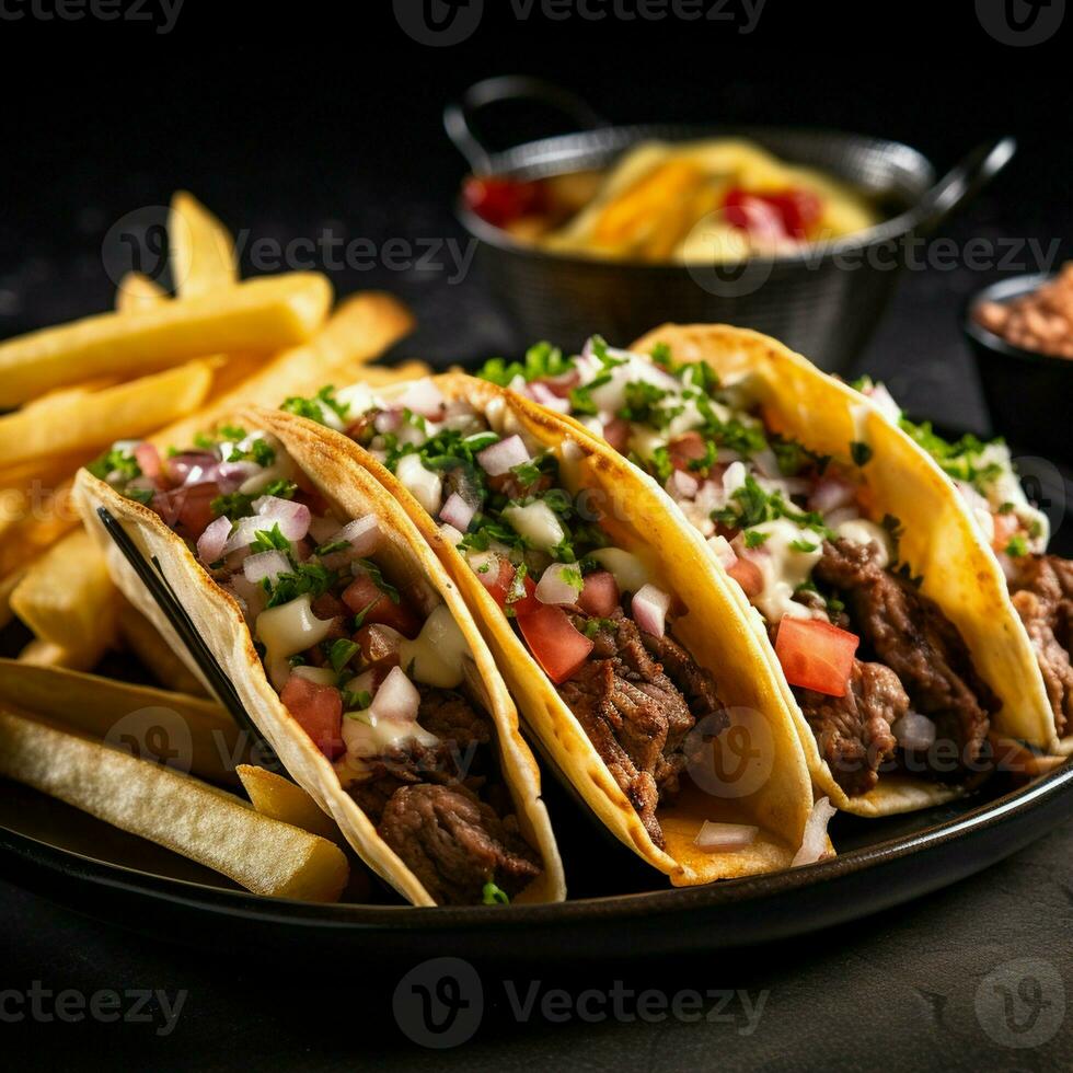 nötkött gott tacos eras med gyllene franska frites svart bakgrund. foto
