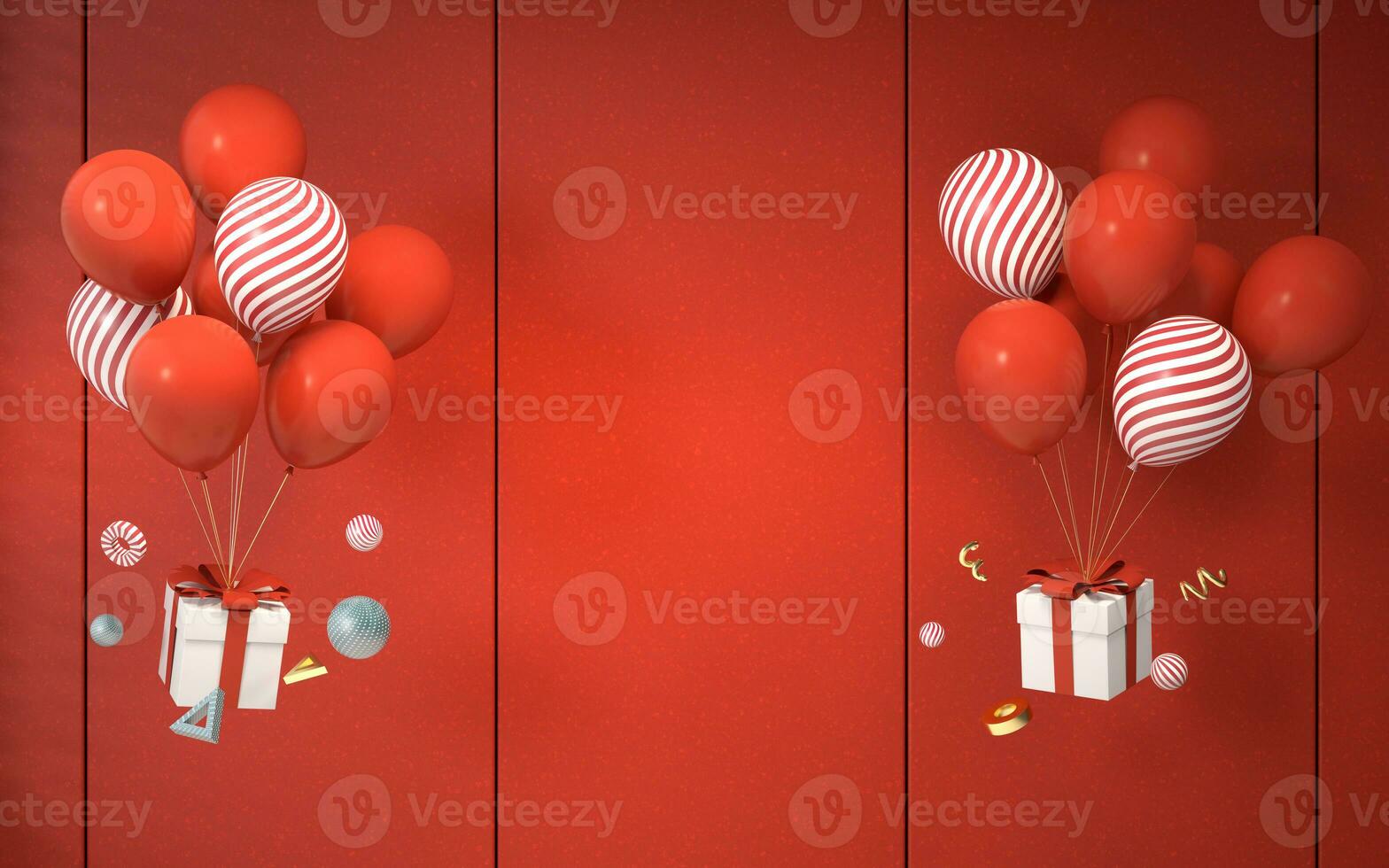 ballonger och gåvor med röd bakgrund, 3d tolkning. foto