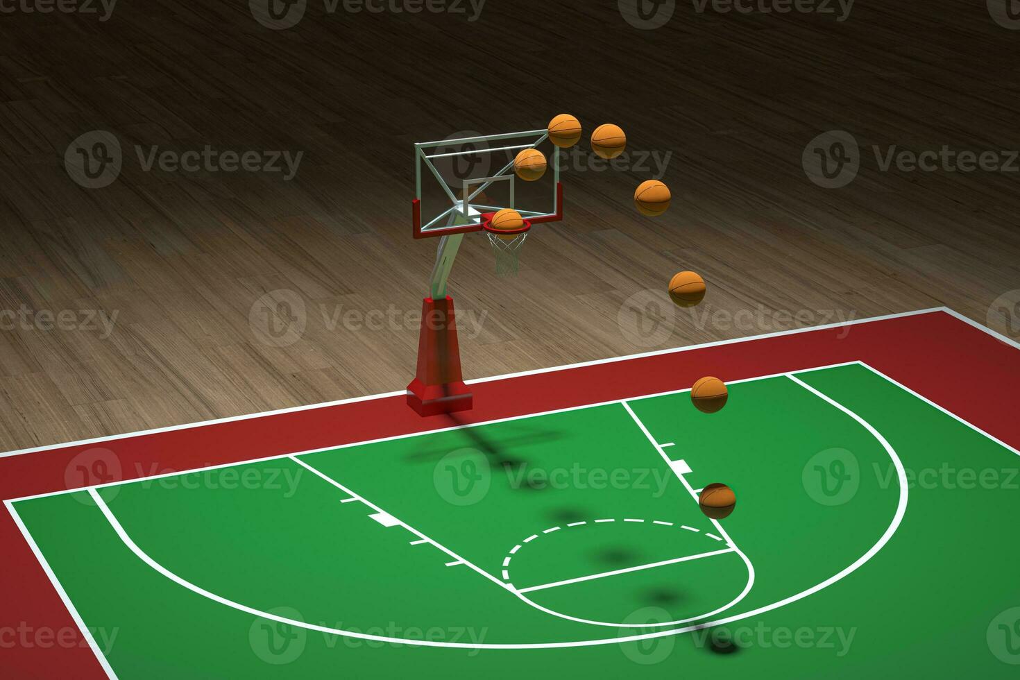 basketboll domstol med trä- golv, 3d tolkning. foto