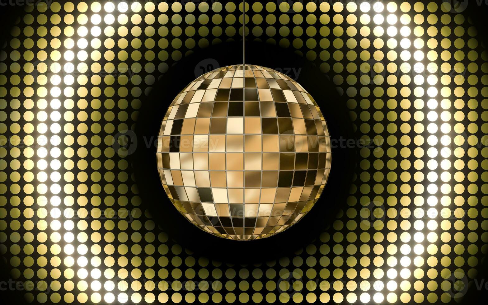skinande disko boll med gyllene ljus bakgrund, 3d tolkning. foto