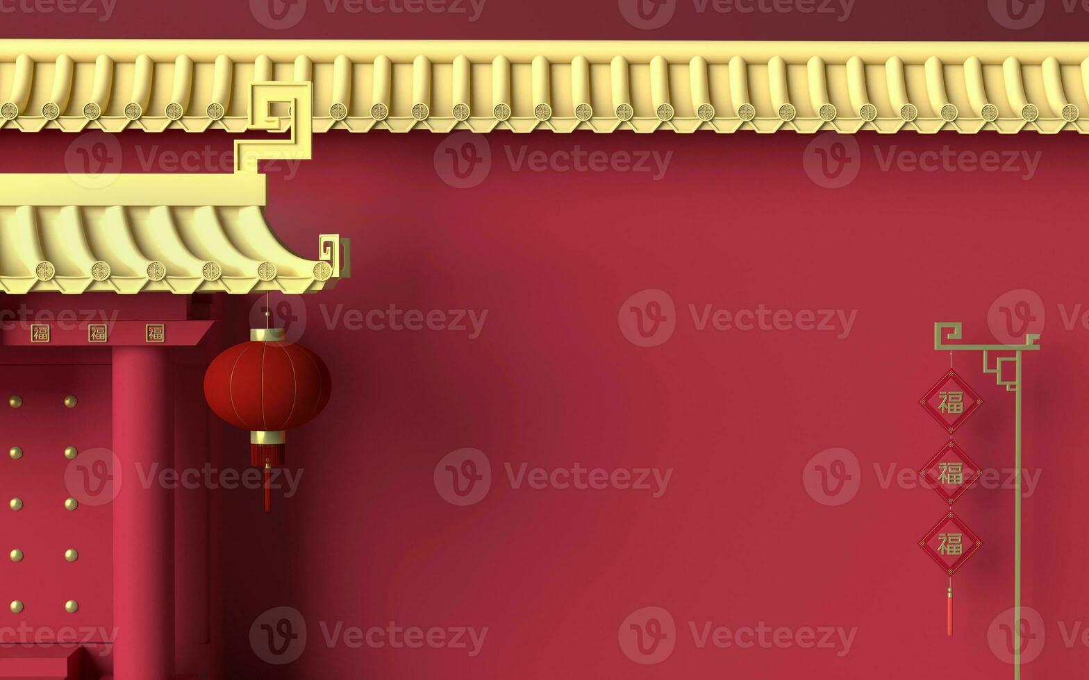 kinesisk palats väggar, röd väggar och gyllene kakel, 3d tolkning. foto