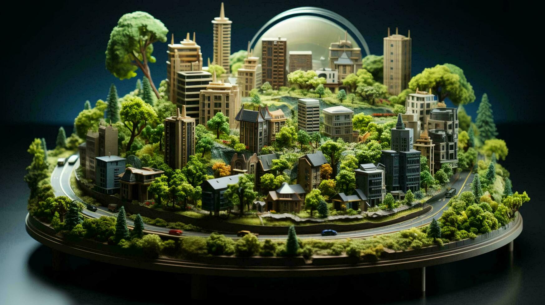 grön miljömässigt vänlig stad av de framtida med många grön växter och alternativ energi foto