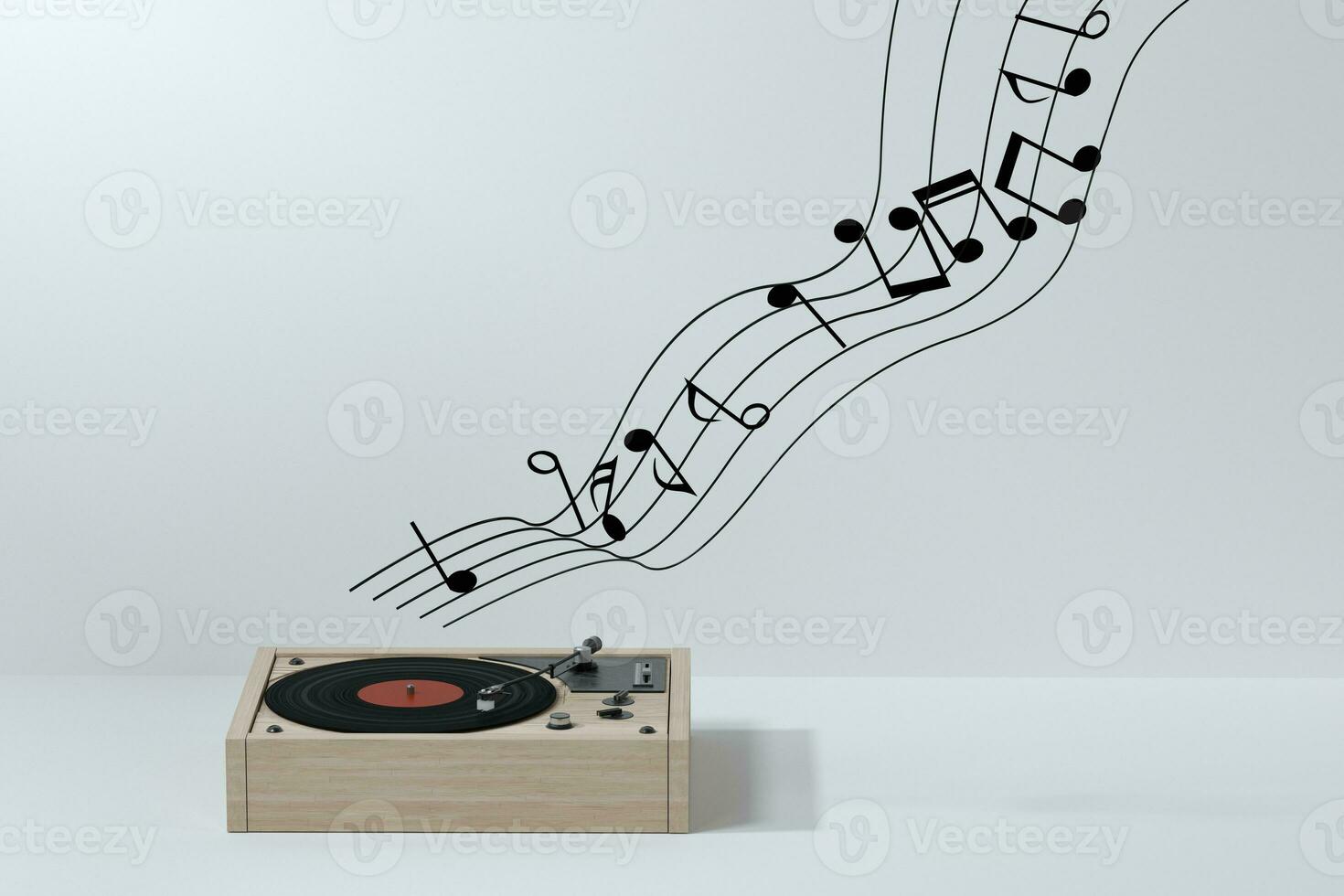 fonograf med vit bakgrund, spelar musik, 3d tolkning. foto