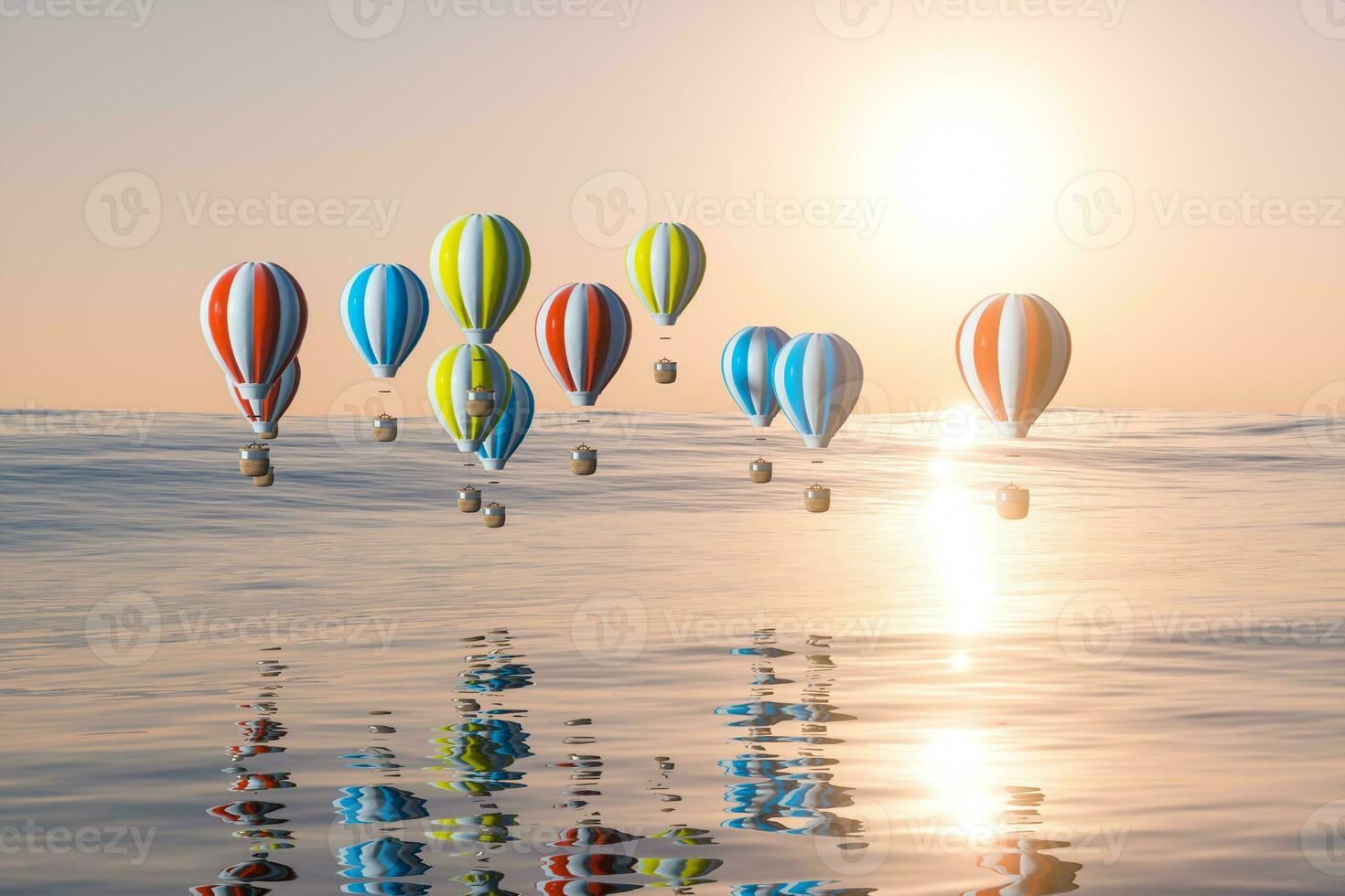 varm luft ballong flygande över de hav, 3d tolkning. foto
