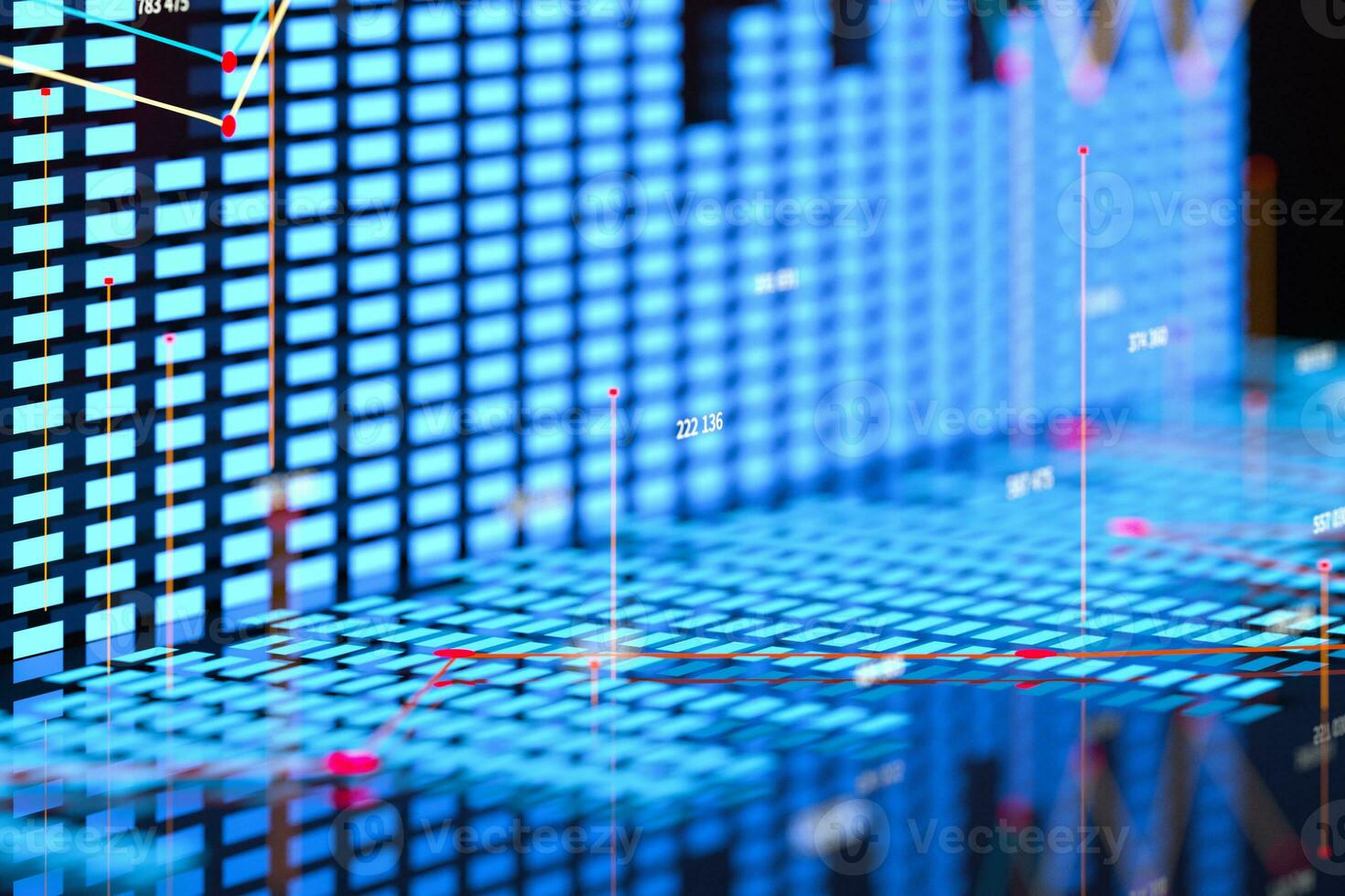 företag Diagram med linje Graf, bar Diagram och tal på mörk bakgrund, 3d tolkning foto