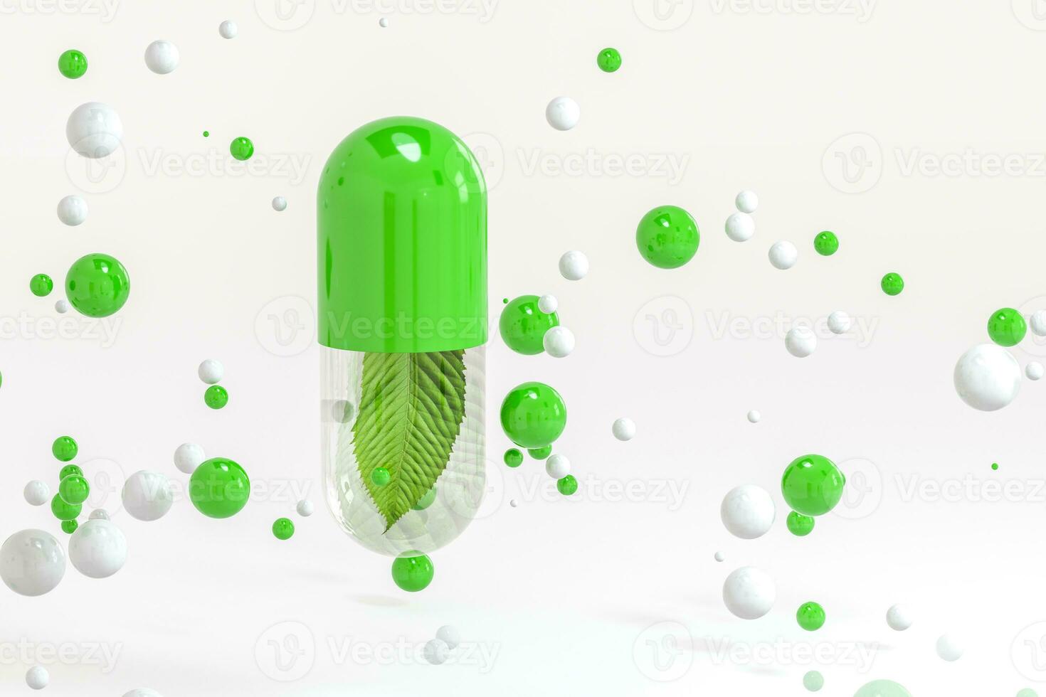 3d tolkning, grön kapsel med blad i den foto