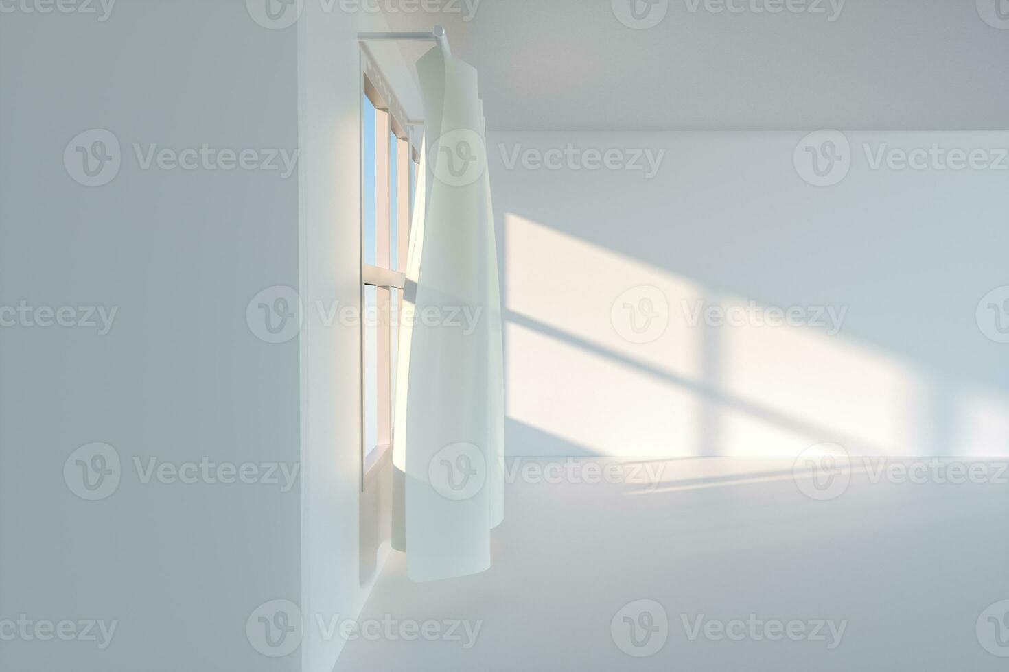 ett tömma rum med solsken komma genom de ridå, 3d tolkning. foto