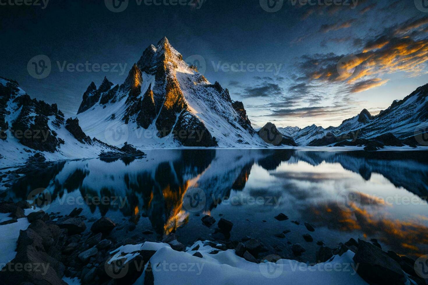 landskap fotografi av en majestätisk berg räckvidd reflekterad i en lugn damm, fångande de hisnande skönhet av natur. foto