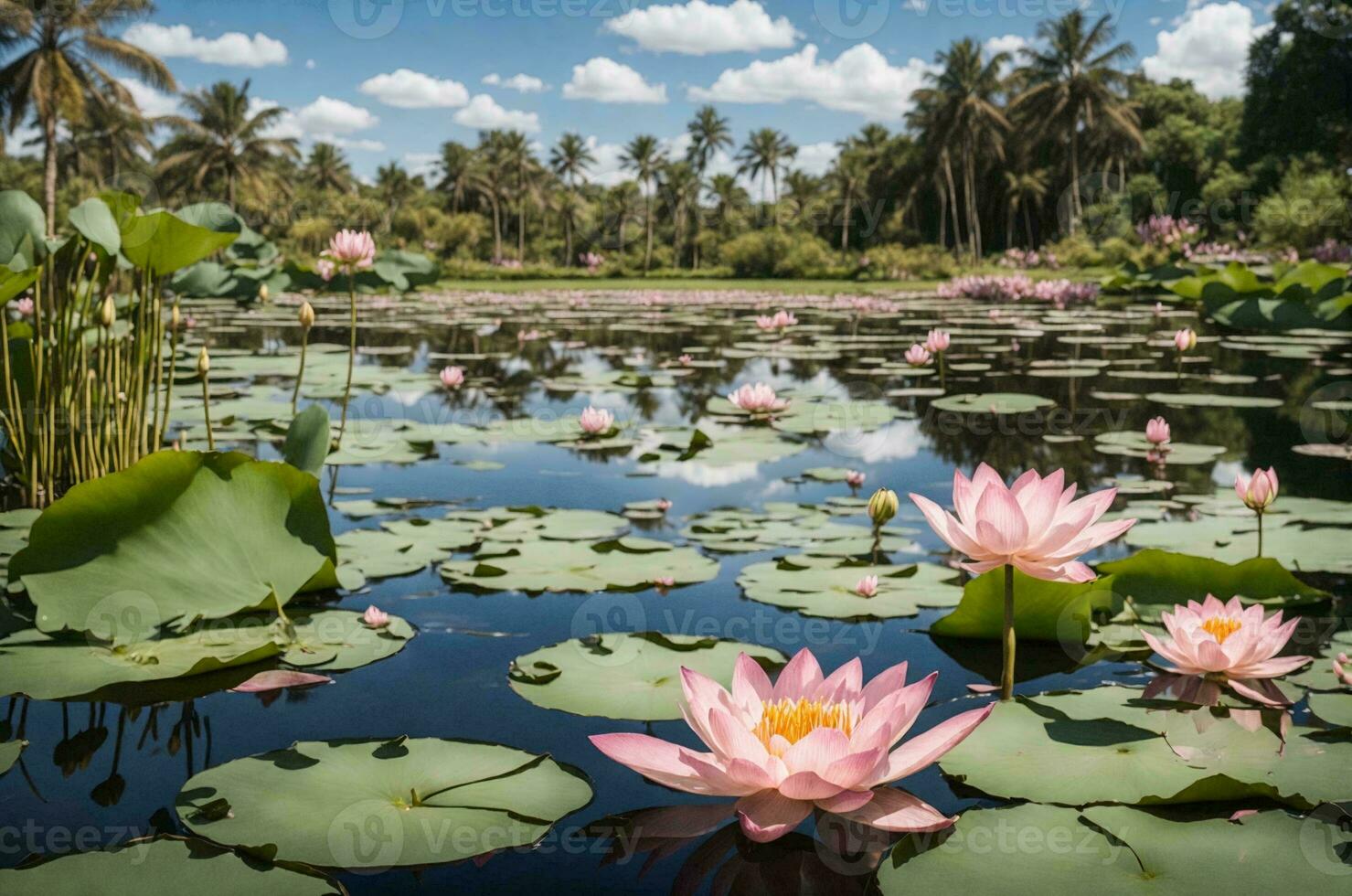 botanisk fotografi av en slå samman i en naturlig miljö, var de yta är Utsmyckad med delikat rosa lotus blommor och lilja dynor. foto