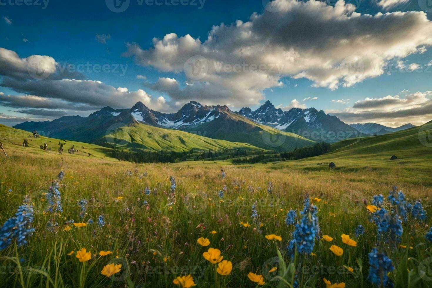 landskap fotografi av en vibrerande sommar äng, en lugn scen av ouppodlad skönhet i natur. foto