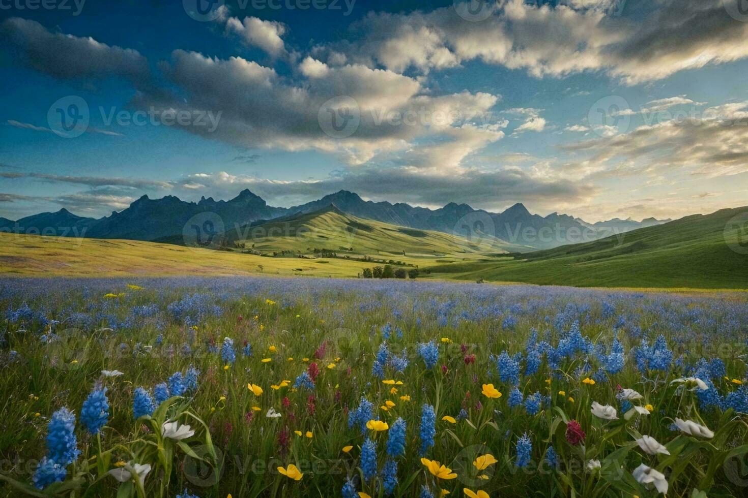 landskap fotografi av en vibrerande sommar äng, en lugn scen av ouppodlad skönhet i natur. foto